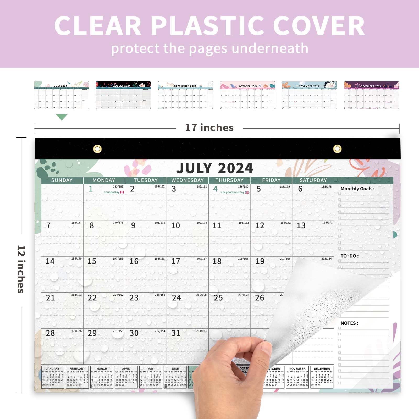 Ospelelf 2024-2025 Magnetic Wall Calendar - 18 Month Large Planner with Floral Design & Plastic Cover (17