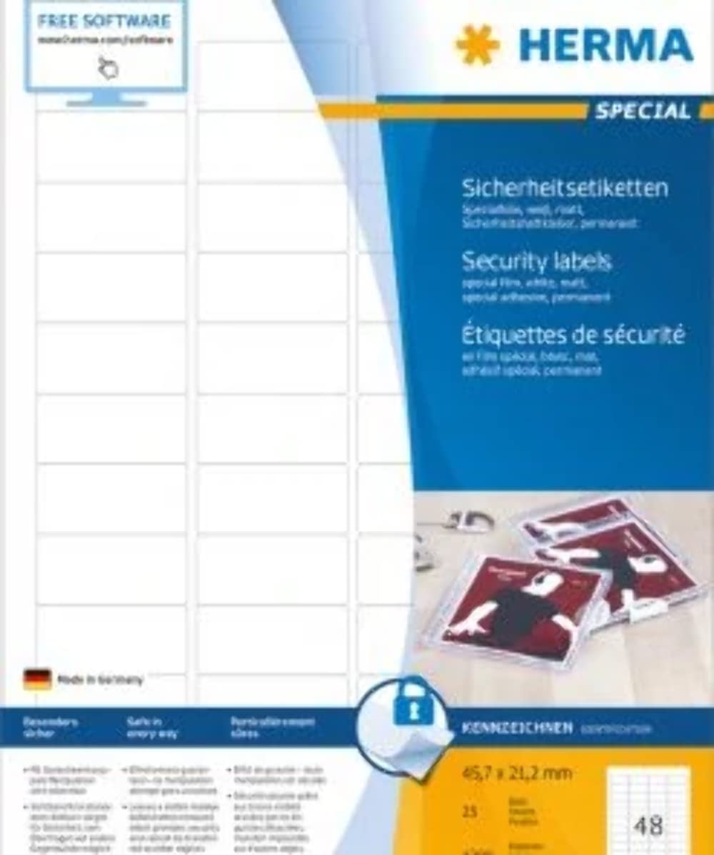 HERMA Self Adhesive Anti Tamper Security Labels - 1200 Blank White Labels (48 per A4 Sheet, 25 Sheets) 45.7x21.2mm - Tamper Proof Stickers for Laser Printer - Perfect for Document Security, Package Sealing & Inventory Management
