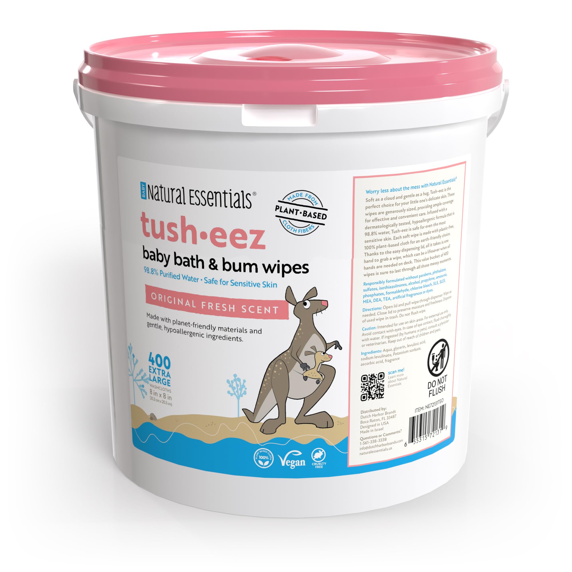 Natural Essentials Tush-eez 400ct Plastic-Free Baby Wipes | 99.9% Water & Plant-Based | Hypoallergenic for Sensitive Skin | Original Scent | Bulk Pack of 400 Wipes | Perfect for Diaper Changes, Bath Time & On-the-Go Cleaning