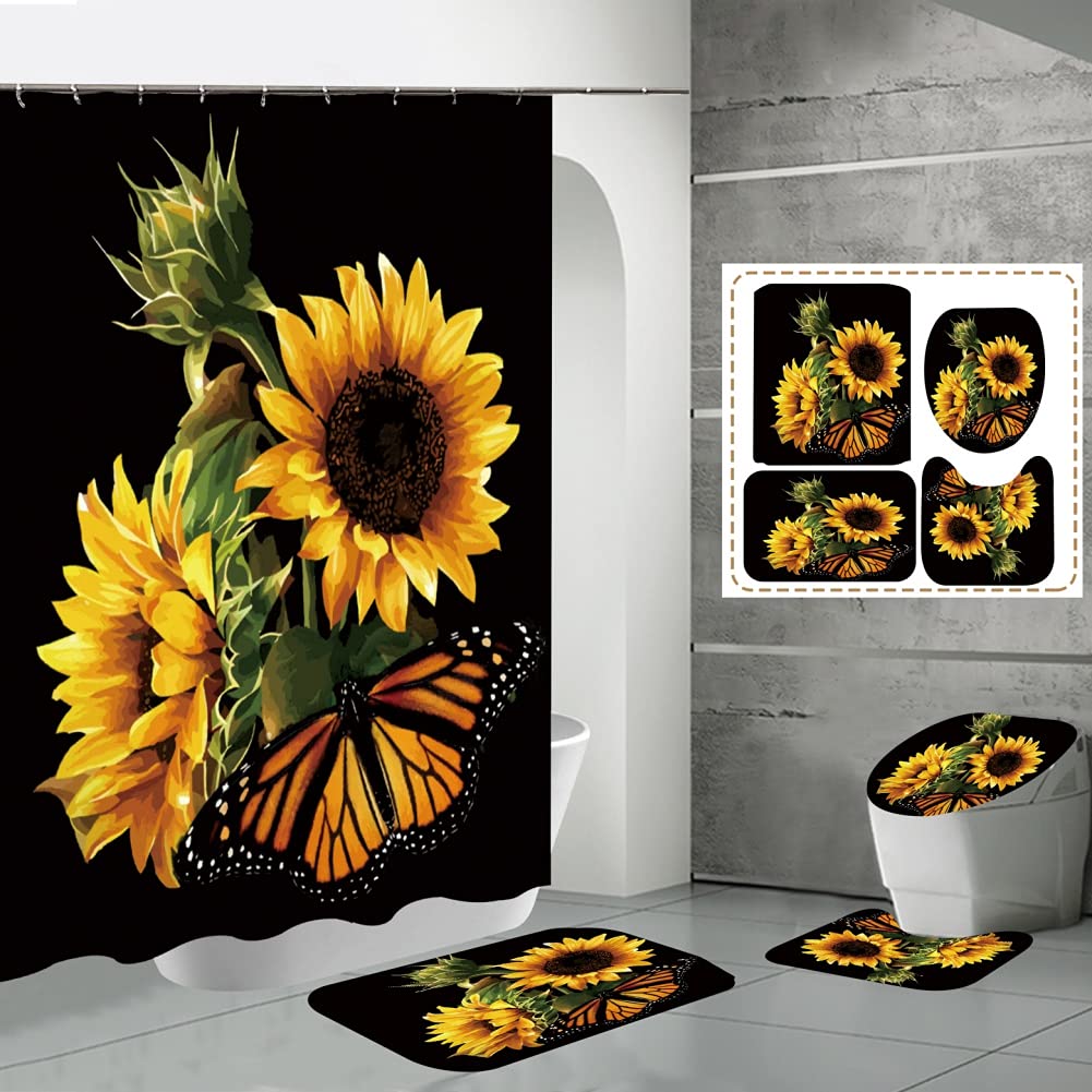 4-Piece Bathroom Mat Set with Sunflower & Motivational Quotes - Non-Slip Floral Shower Curtain, Tub Mat & Floor Rugs in Black & Yellow - Perfect for Kids Bathroom Decor & Home Spa Retreat