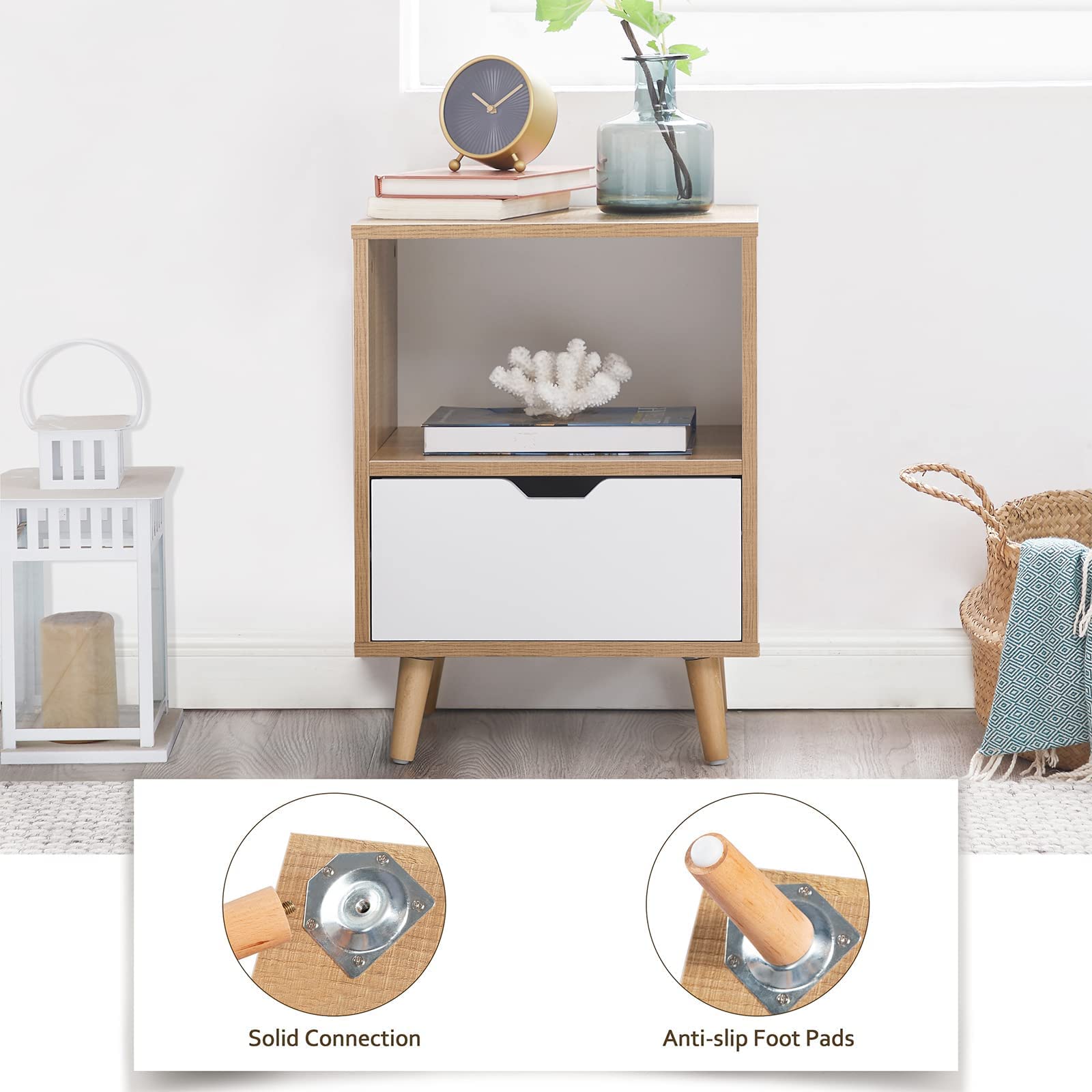 Modern Wooden Nightstand with Open Shelf & Storage Drawer - 2-Tier Bedside End Table with Anti-Slip Rubber Padded Legs, Set of 2, Tan - Perfect for Bedroom, Living Room, or Office Organization