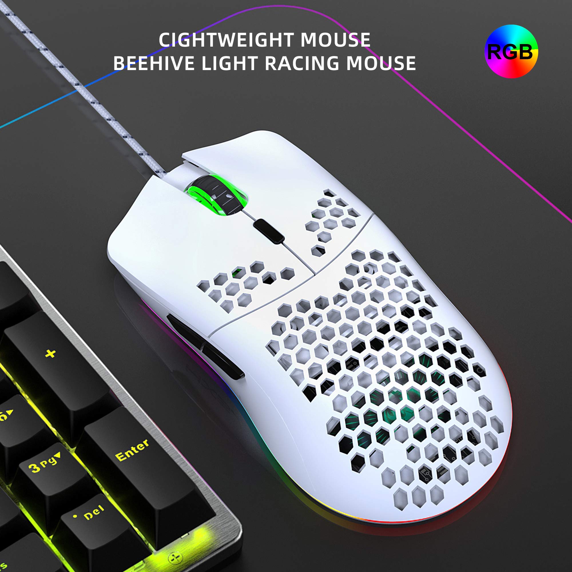 J900 Wired Gaming Mouse - 6 RGB Lighting Modes, 6400 DPI, Programmable USB Gaming Mouse with 6 Buttons & Honeycomb Shell Ergonomic Design for PC, Xbox, PS4 Gamers - White | Perfect for FPS, MOBA, and Esports Gaming
