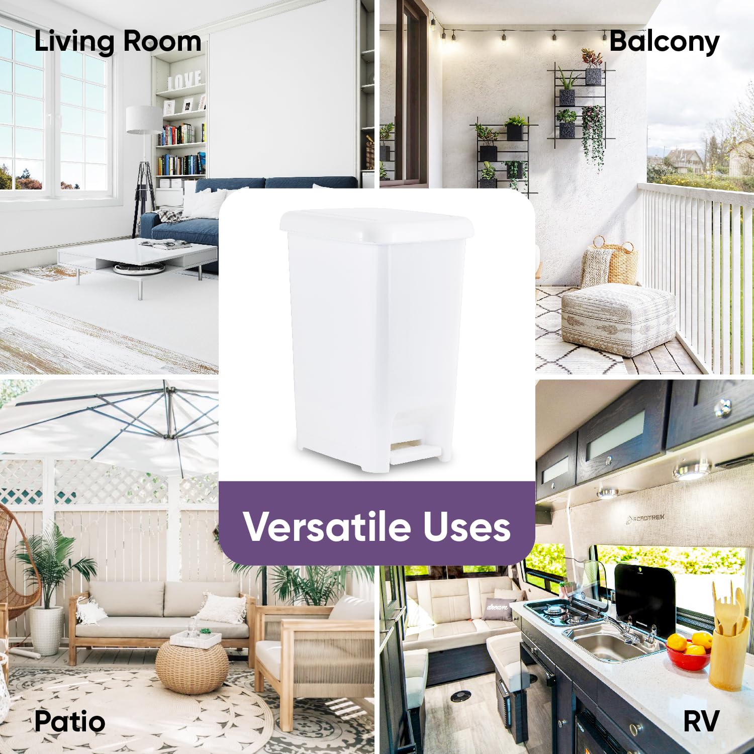 Superio 2.5 Gallon Slim Step-On Trash Can with Lid - Compact Plastic Garbage Bin for Bathroom, Kitchen, Office, Under Desk, Bedroom & Dorm - Space-Saving White Wastebasket for Small Spaces & Tight Corners - Perfect for Home, Office & College Dorm Use
