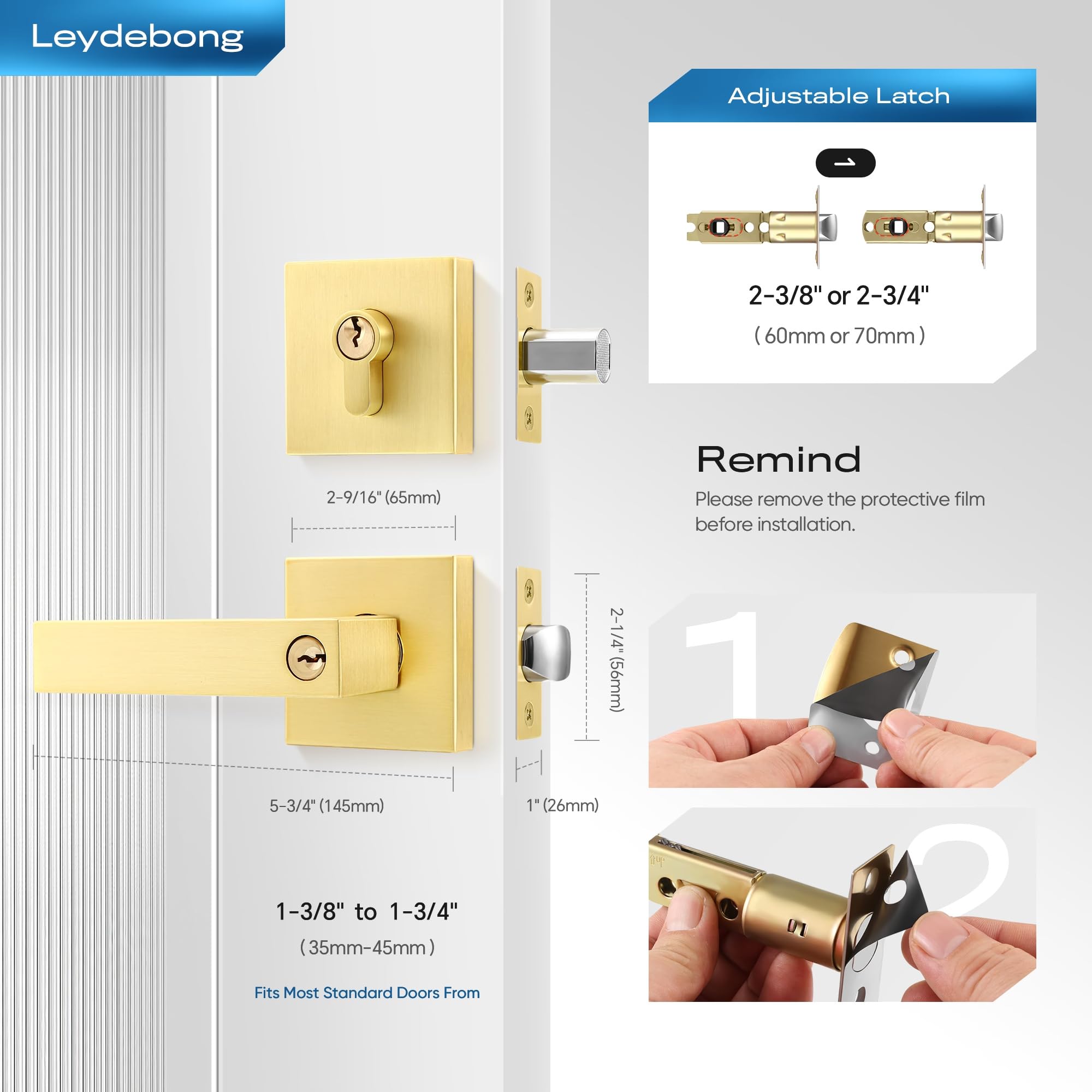 Leydebong 4-Pack Heavy Duty Front Door Handle & Deadbolt Set - Single Cylinder Keyed Alike Lever Door Handle for Office & Entrance Doors (Gold Finish) - Perfect for Home Security & Commercial Buildings