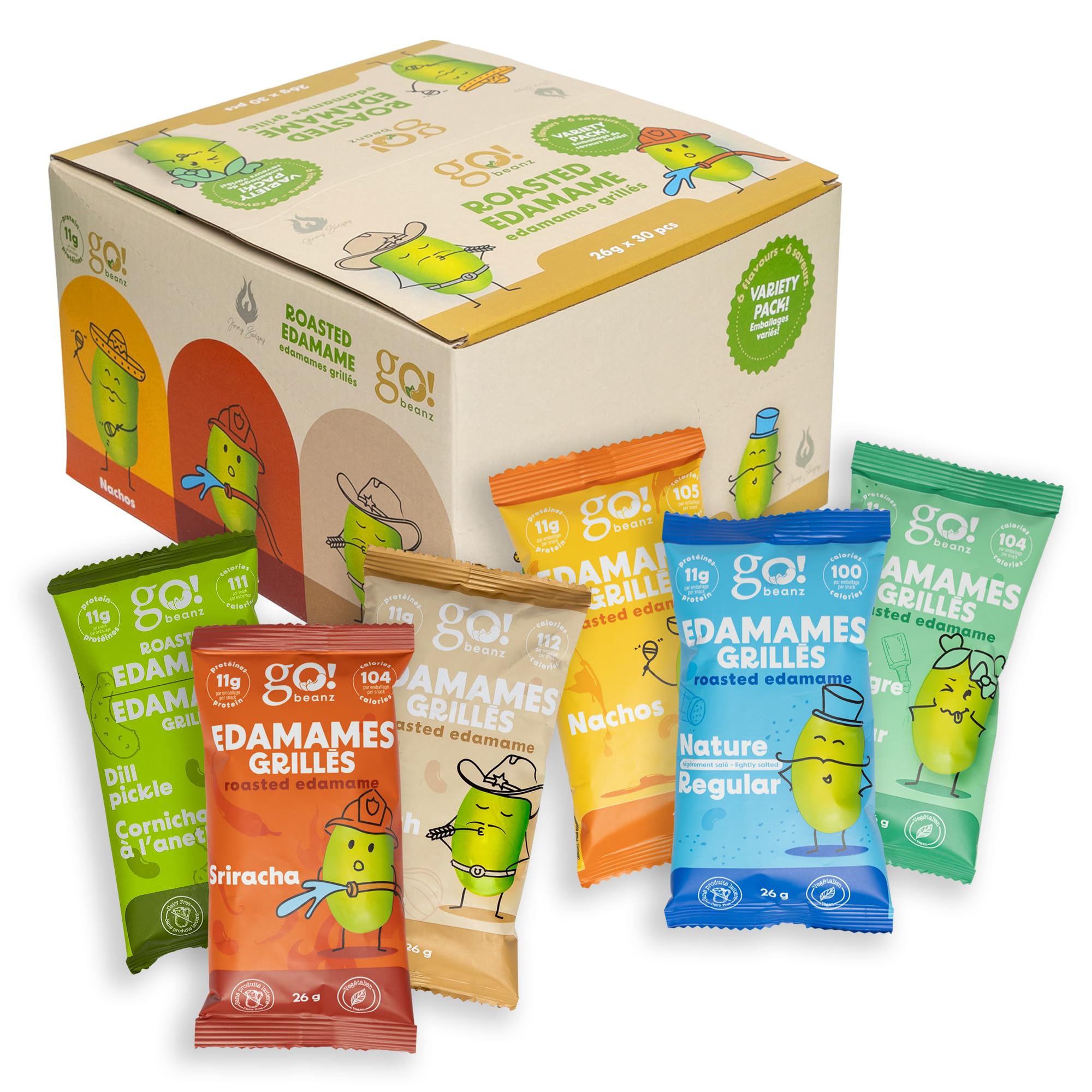 Crunchy Edamame Snacks - Jimmy Sevigny GoBeanz Variety Pack (30 Bags x 26g) | High Protein (11g per Serving), Low Calorie, Low Sugar Healthy Snacks for Adults & Kids | Perfect for On-the-Go, School Lunches, Office Snacks & Post-Workout Fuel