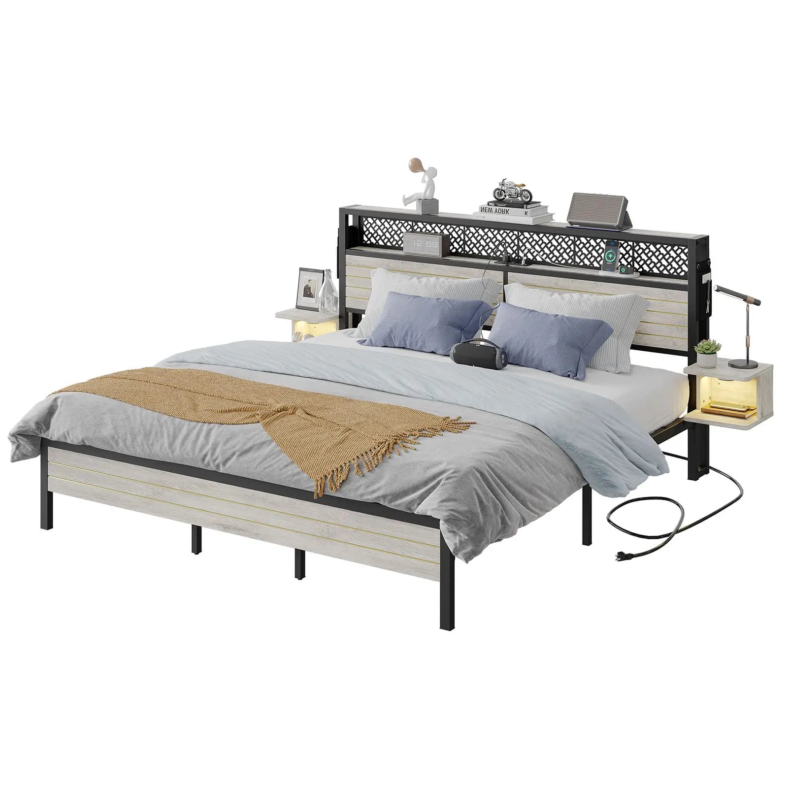 Bestier King Size Bed Frame with Horizontal Golden Stripe Storage Headboard - Modern Platform Bed with Underbed Storage Space - Perfect for Master Bedroom, Guest Room & Small Space Living