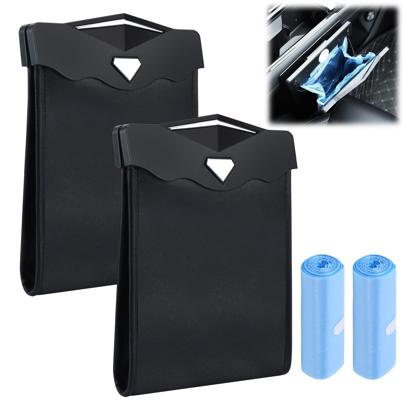 Fuutreo 2 Pack Smart LED Car Trash Can - Waterproof Auto Garbage Bin with 30 Disposable Liners, Hanging Leather Magnet Storage for Vehicle - 9.5 x 7.1 Inch Black - Perfect for Road Trips, Commuting & Car Organization
