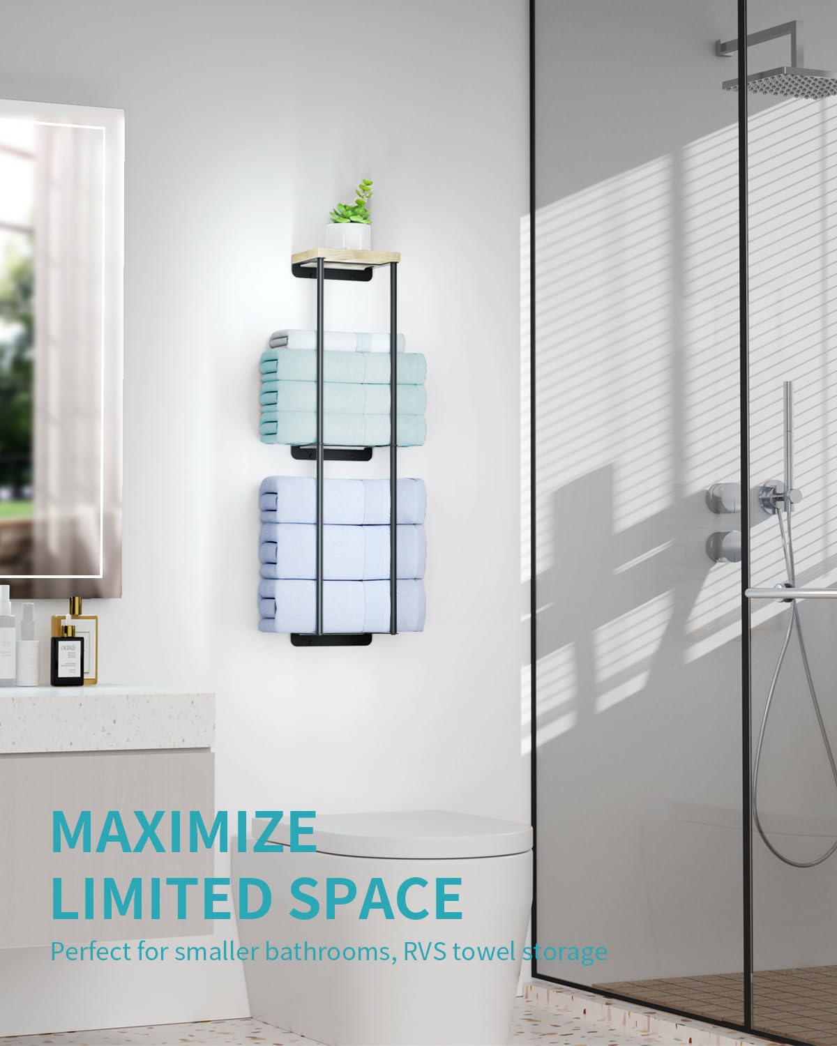 2-Tier Wall Mounted Towel Rack with Wood Shelf - Bathroom Organizer & Storage Space Saver - Black Metal Towel Holder for Bath, Kitchen, Laundry Room - Perfect for Small Spaces & Home Decor