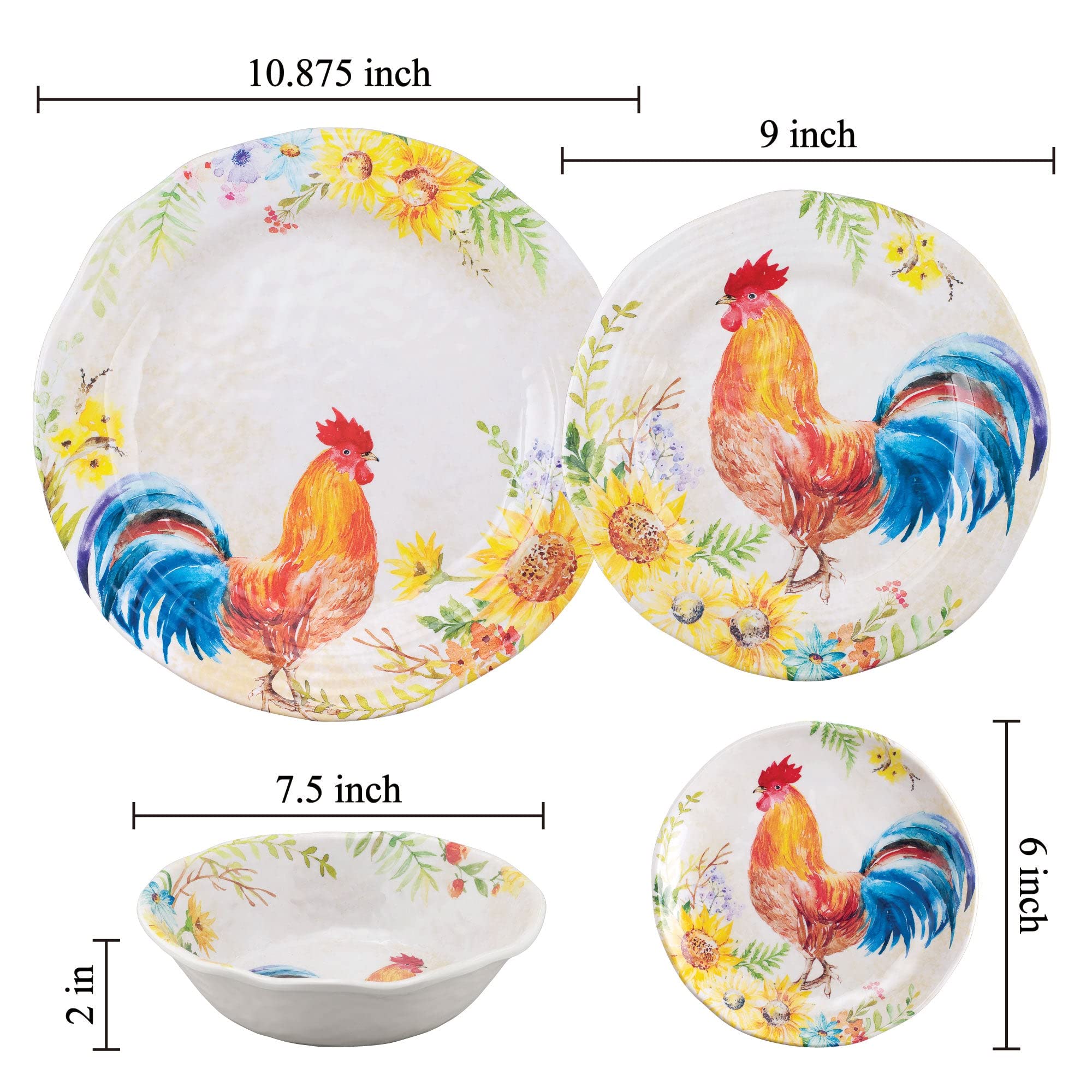 UPware 16-Piece Melamine Dinnerware Set - 4 Dinner Plates, 4 Salad Plates, 4 Bowls & 4 Dessert Plates for 4-Person Table Setting | Durable & Lightweight Rooster Design | Perfect for Outdoor Dining, Picnics, Camping & Everyday Family Meals