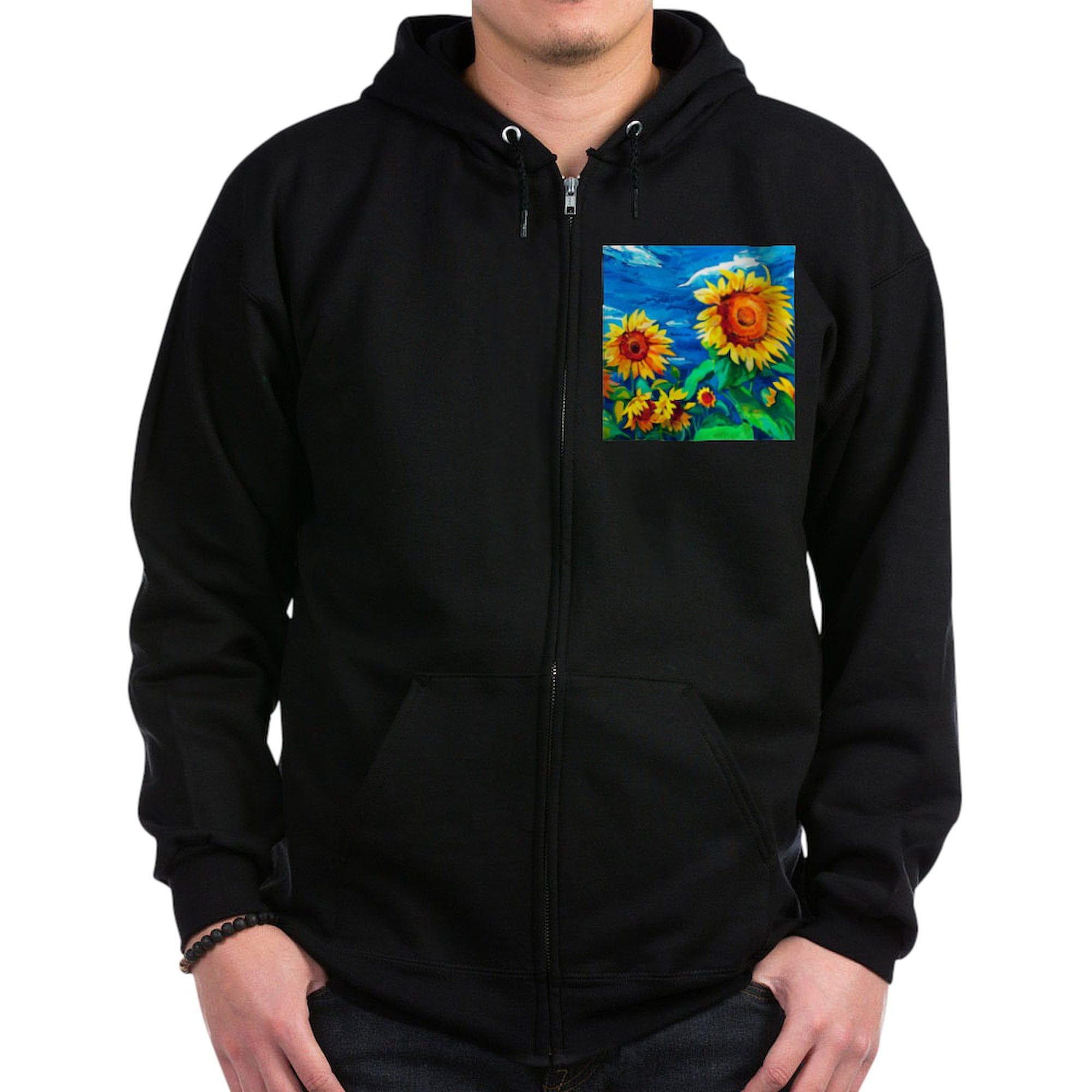 Sunflowers Painting Zip Hoodie for Men - Dark Zip-Up Hooded Sweatshirt | Casual Wear, Outdoor Activities & Street Style Fashion