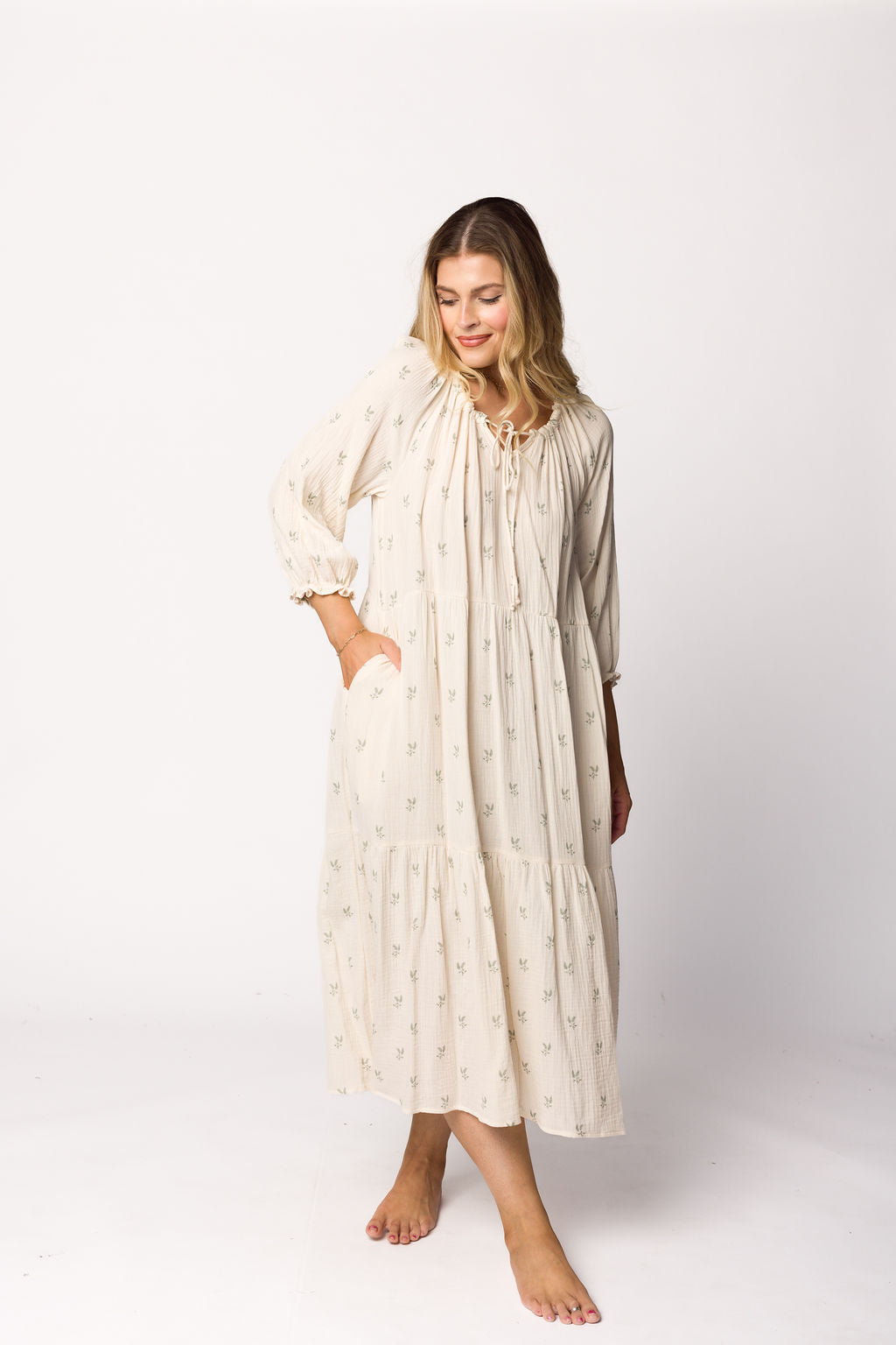 Avery Tiered Linen Blend Midi Dress in Soy/Sage Foliage - Bump Friendly Maternity Dress & Inclusive Sizes for Women - Perfect for Summer Weddings, Beach Vacations and Casual Outings