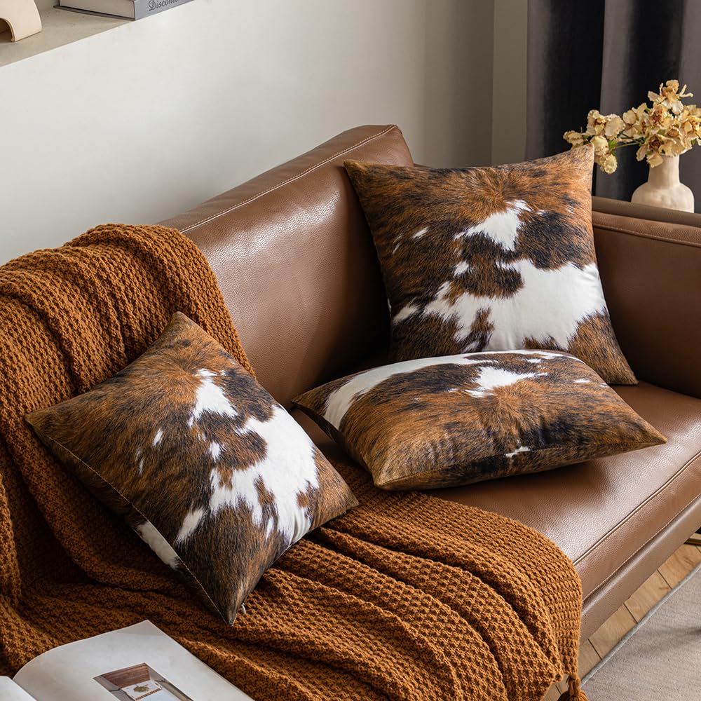 Woaboy Pack of 2 Cowhide Brindle Print Decorative Throw Pillow Covers 18x18 Inch - Soft Couch Pillow Covers for Sofa, Living Room, Bedroom Decor | Perfect for Home Styling, Cozy Reading Nook & Accent Pillows