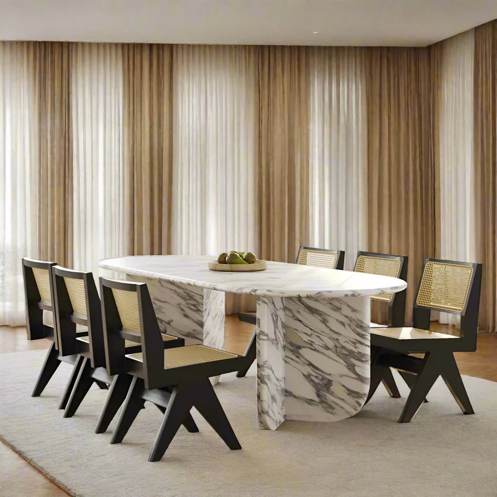 Luxury White Polished Finish Marble Dining Table Set - 6 Piece Modern Kitchen Furniture for Dining Room, Perfect for Family Gatherings & Dinner Parties