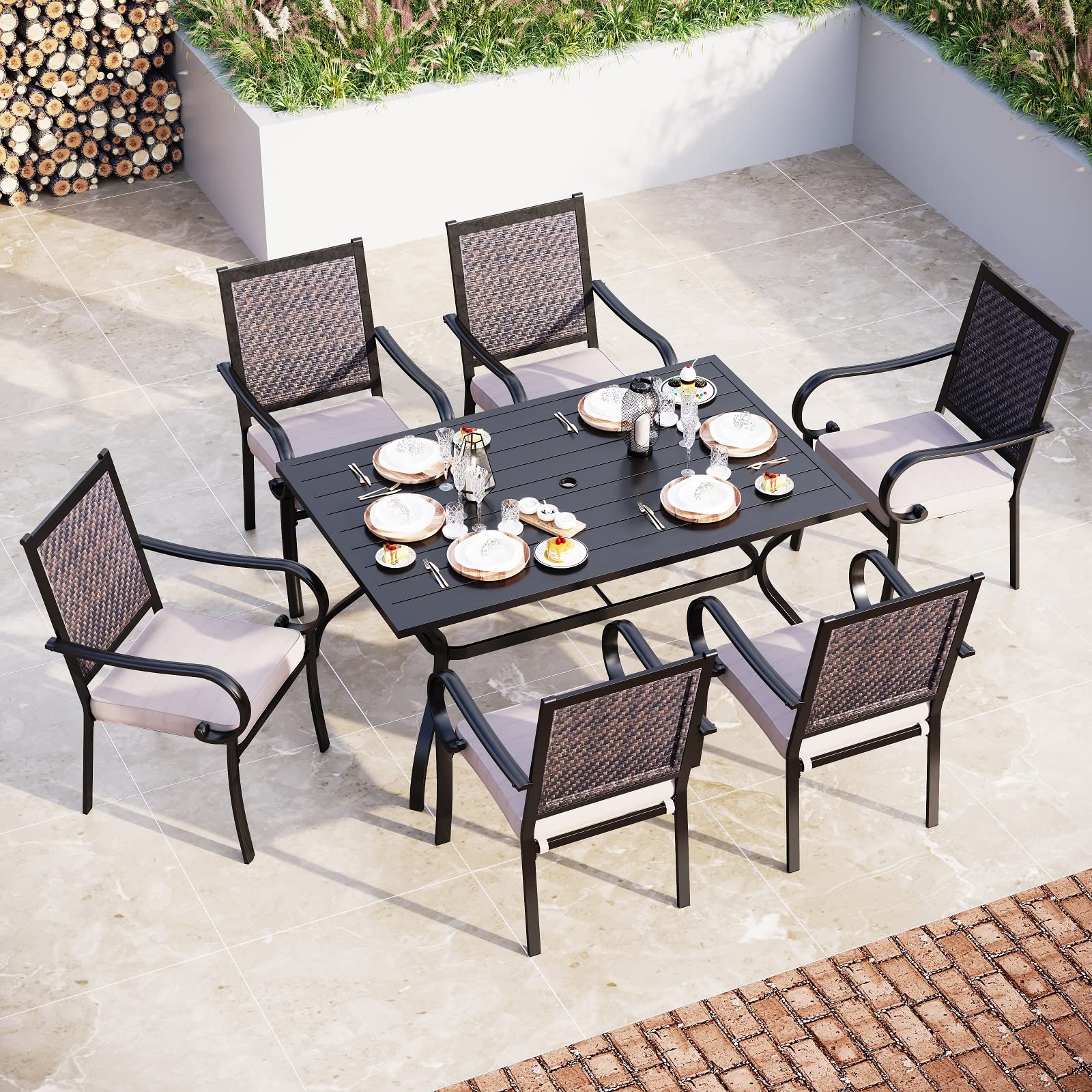 Sophia & William 7-Piece Outdoor Wicker Dining Set - Weather-Resistant Rattan Patio Furniture with Metal Umbrella Table & 6 Cushioned Chairs - Perfect for Garden, Backyard, Poolside & Outdoor Entertaining