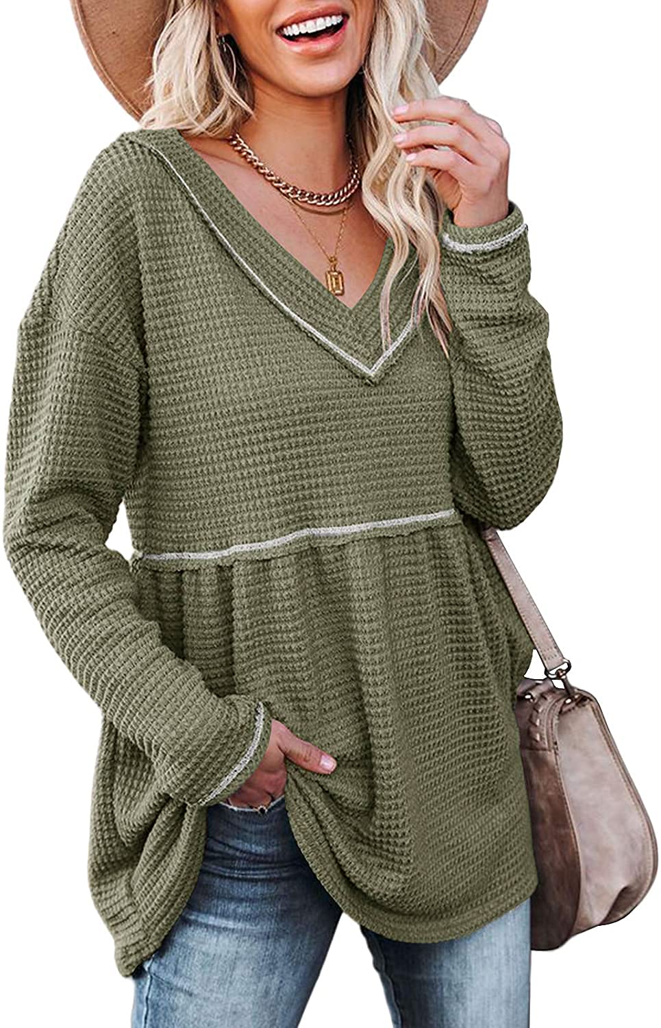 Women's V-Neck Tunic Top Long Sleeve Waffle Knit Pullover Shirt - Casual Flowy Sweater for Fall & Winter | Perfect for Work, Date Night & Layering