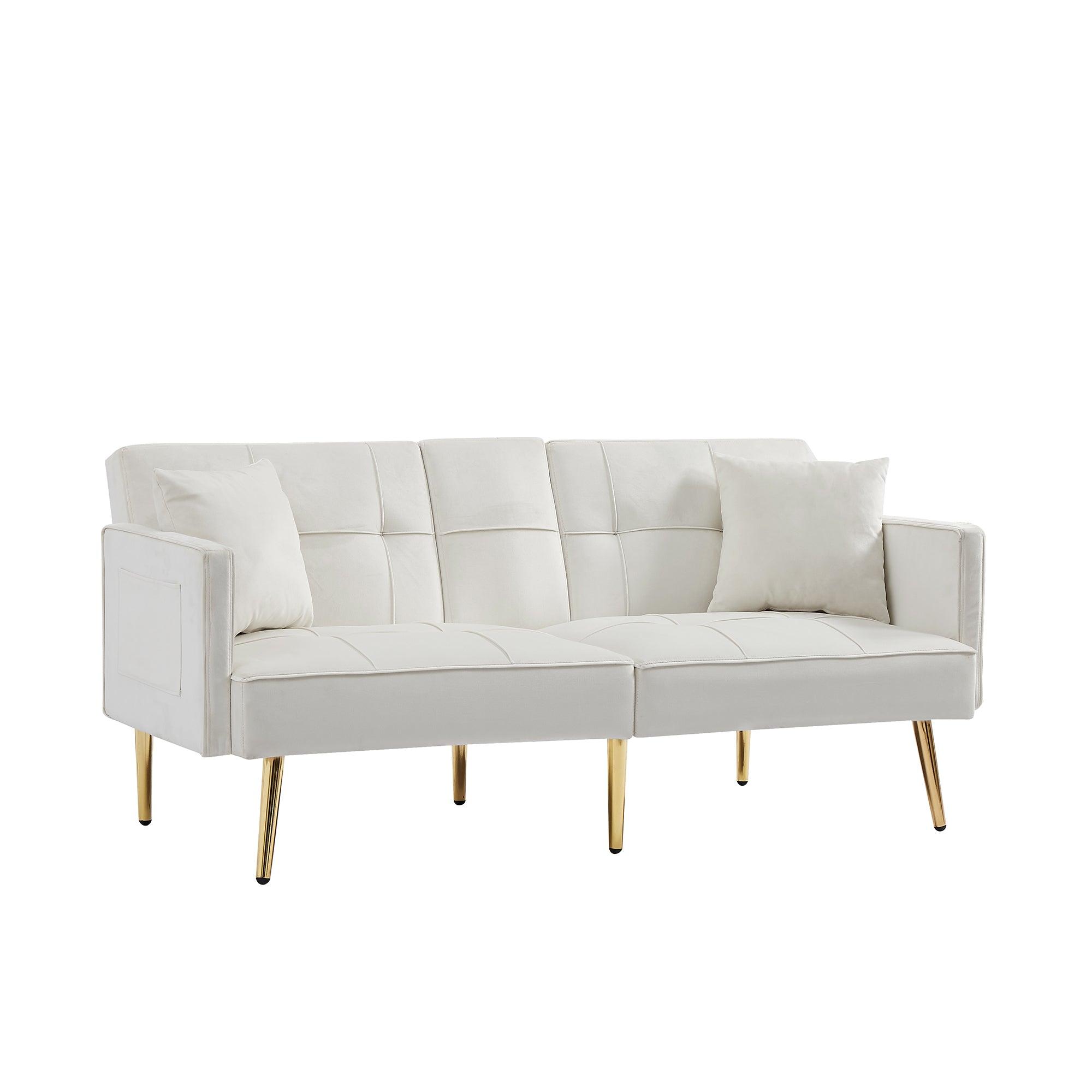 Cream White Velvet Futon Sofa Bed with Gold Metal Legs - Convertible Sleeper for Small Spaces, Living Room & Guest Room | Modern Comfort & Style