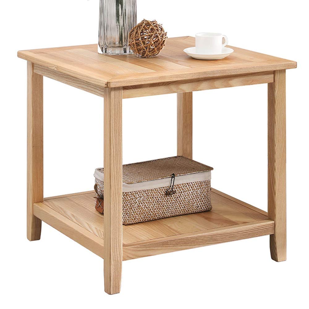 HAIZHEN Solid Wood 2-Tier End Table with Storage - Square Side Table for Living Room & Bedroom - Includes Floor Mats (38.5x58x55cm) - Perfect for Small Spaces, Sofa Side, Nightstand or Entryway Decor