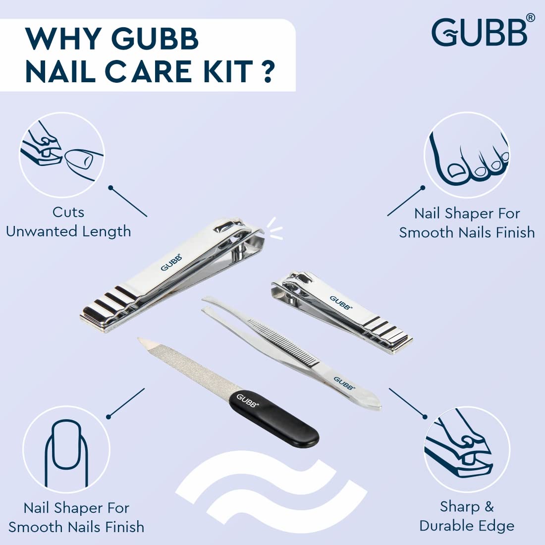 GUBB Professional Nail Care Kit - Toenail Clippers, Fingernail Cutter, Nail File & Flat Tweezers | Manicure Pedicure Set with Rust-Resistant Stainless Steel Blades for Smooth Finish | Perfect for Home Salon, Travel & Gift Giving