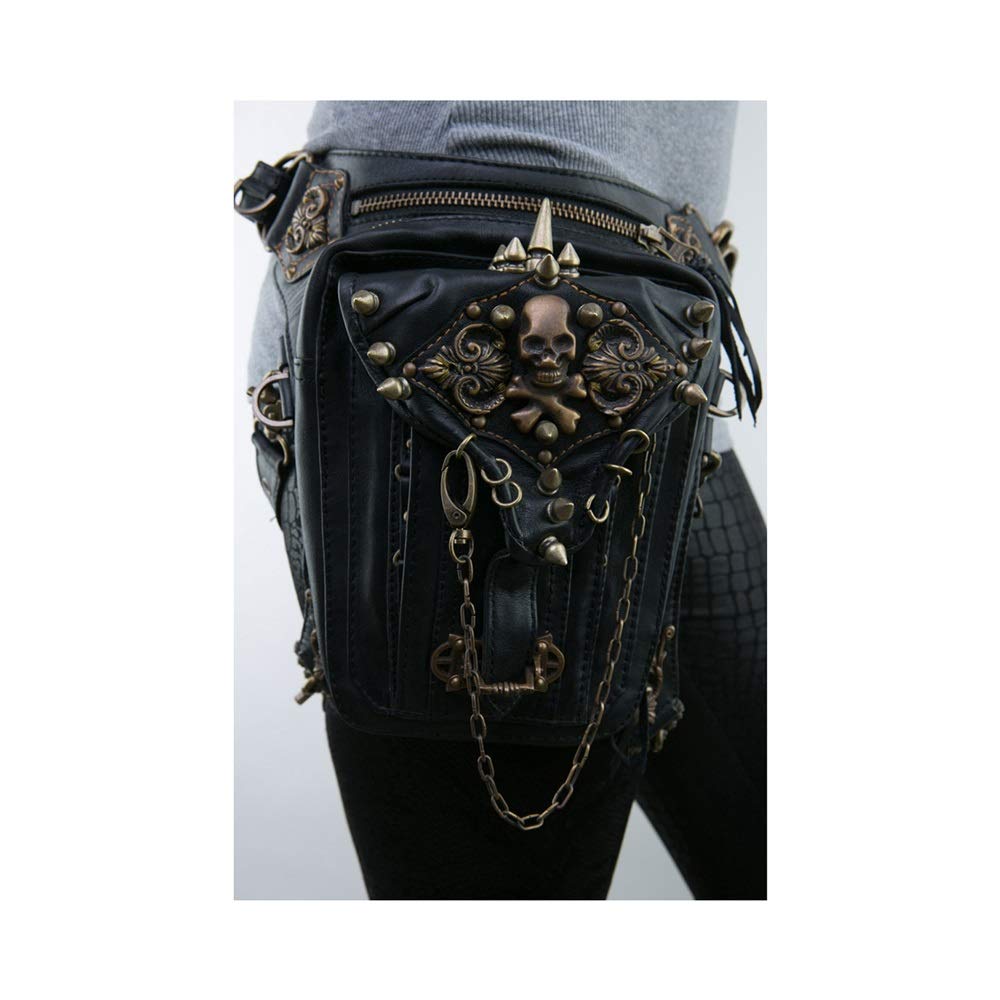 XCJ Vintage Gothic Leather Waist Pack - Steampunk Hip Bag with Wallet Purse | Punk Rock Motorcycle Leg Bag & Shoulder Fanny Pack for Cosplay, Rave & Gothic Fashion (Black)