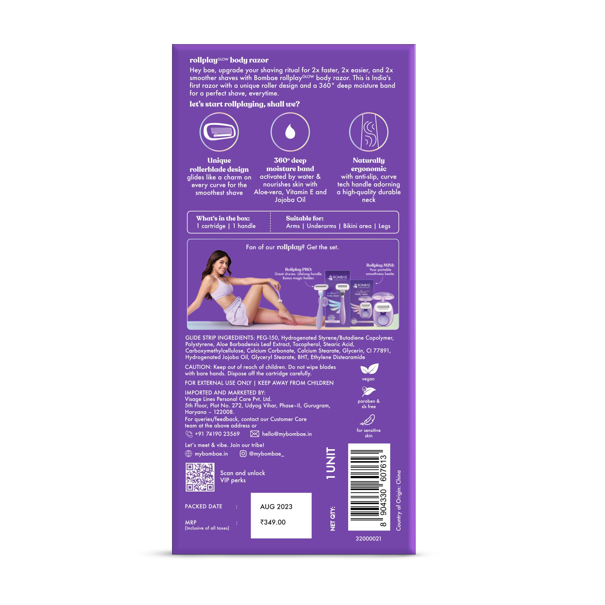 Bombae Rollplay Glow Women's Hair Removal Razor with Aloe Vera, Vitamin E & Jojoba Oil | 1 Razor + 1 Refill | Roller Technology for Smooth Shaving | Curve-Friendly Design | Long-Lasting Results | Perfect for Bikini Line, Legs & Underarms