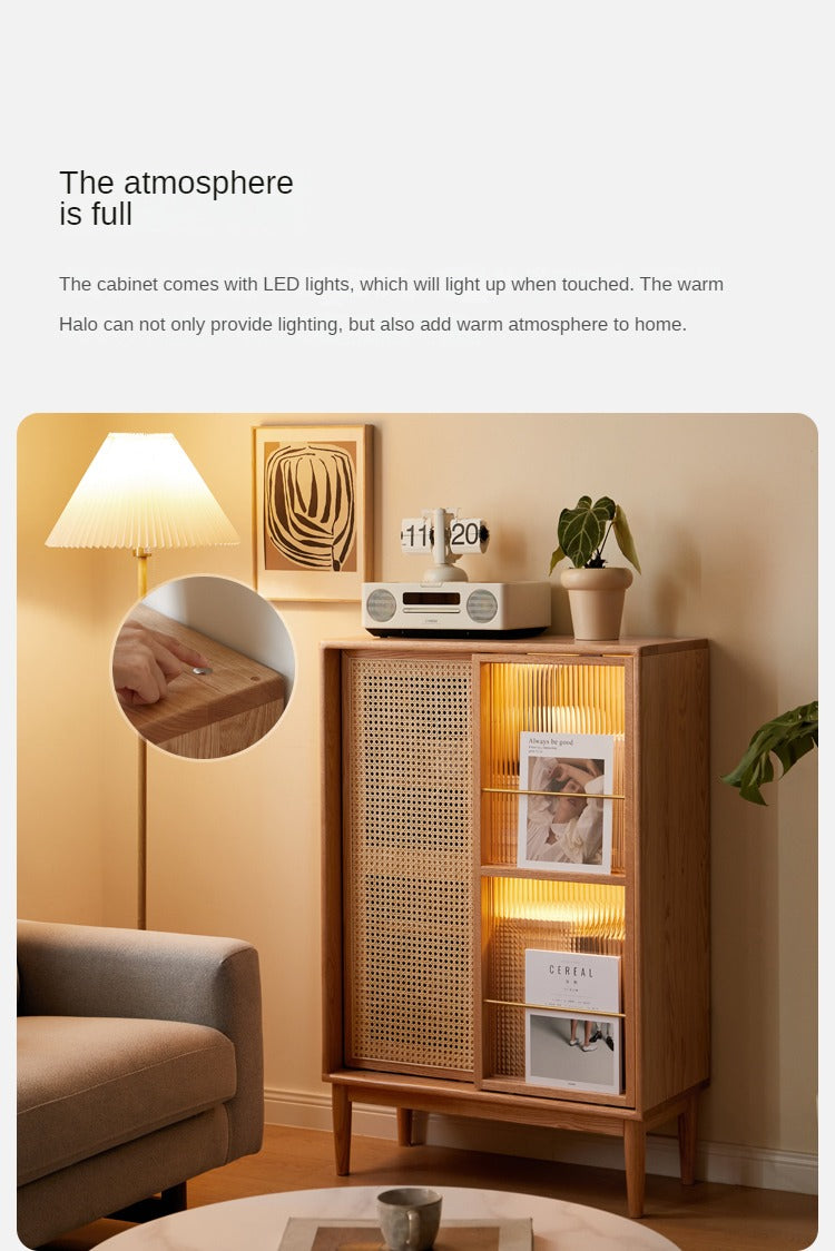 Solid Oak Wood Sliding Door Storage Cabinet with LED Lights - Modern Sideboard for Living Room, Bedroom & Entryway Organization