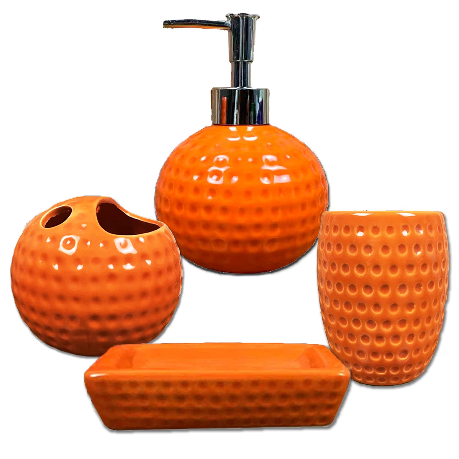 AONUOWE 4-Piece Ceramic Bathroom Accessories Set - Soap Dispenser, Toothbrush Holder, Tumbler & Soap Dish - Orange Modern Bath Decor for Home, Apartment & Guest Bathroom