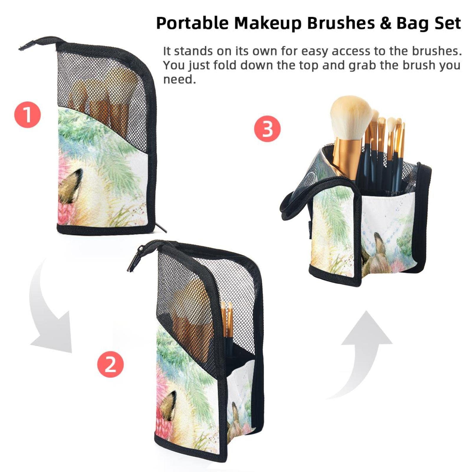 12-Piece Makeup Brush Organizer Bag with Easter Bunny Design - Portable Cosmetic Brush Holder Case for Travel, Home & Professional Makeup Storage