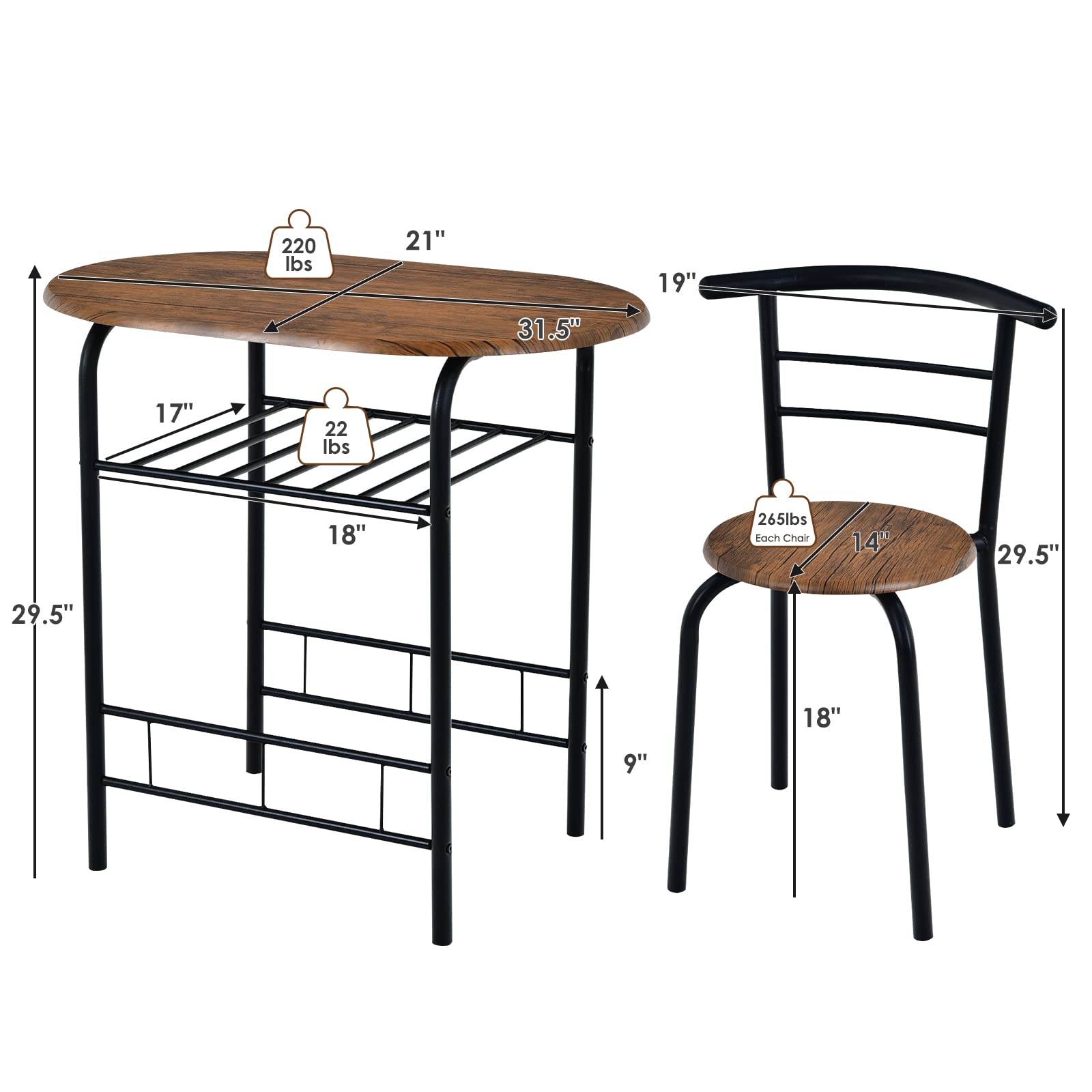 FANTASK 3-Piece Dining Table Set with 2 Chairs - Compact Kitchen Table with Metal Frame & Storage Shelf - Space-Saving Breakfast Nook Set for Apartments, Small Kitchens, Cafes (Black & Brown) - Perfect for Morning Coffee, Casual Meals & Small Space Dining