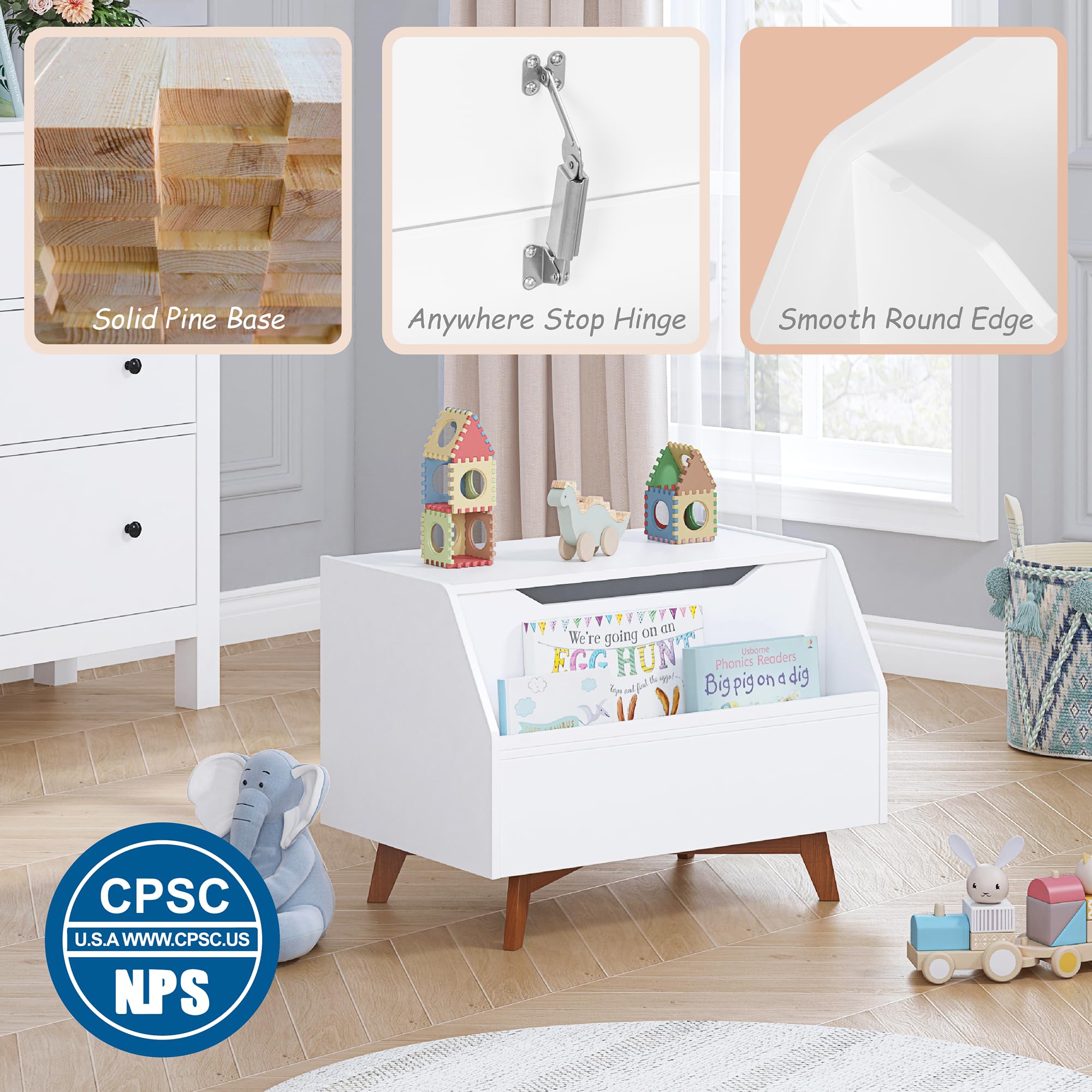 UTEX Wooden Toy Chest for Kids - Storage Organizer Bench with Book Storage Area, White Children's Furniture for Bedroom & Playroom - Perfect for Boys and Girls Toys & Books Organization