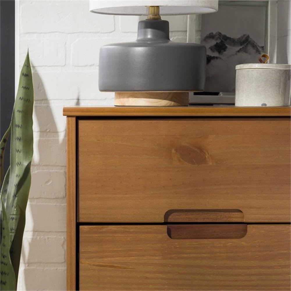Walker Edison Mid Century Modern Wood Nightstand - 2 Drawer Bedside Table with Grooved Handle, Storage Shelf & Drawer, Caramel Finish - Perfect for Bedroom, Living Room, or Office Use