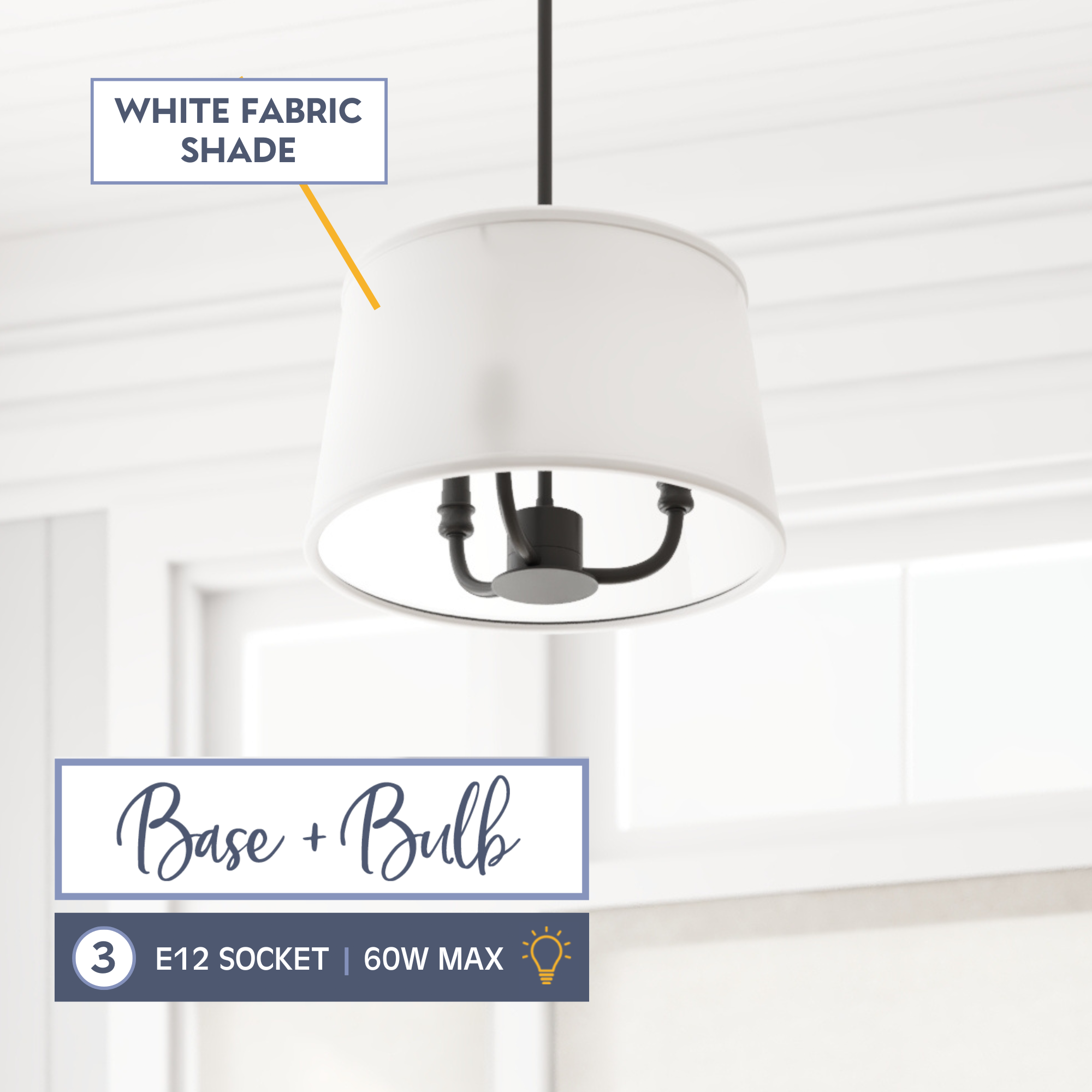 3-Light Billet Convertible Pendant/Semi-Flush Mount Ceiling Light Fixture - Matte Black with Fabric Shades for Dining Room, Kitchen Island or Bedroom Lighting