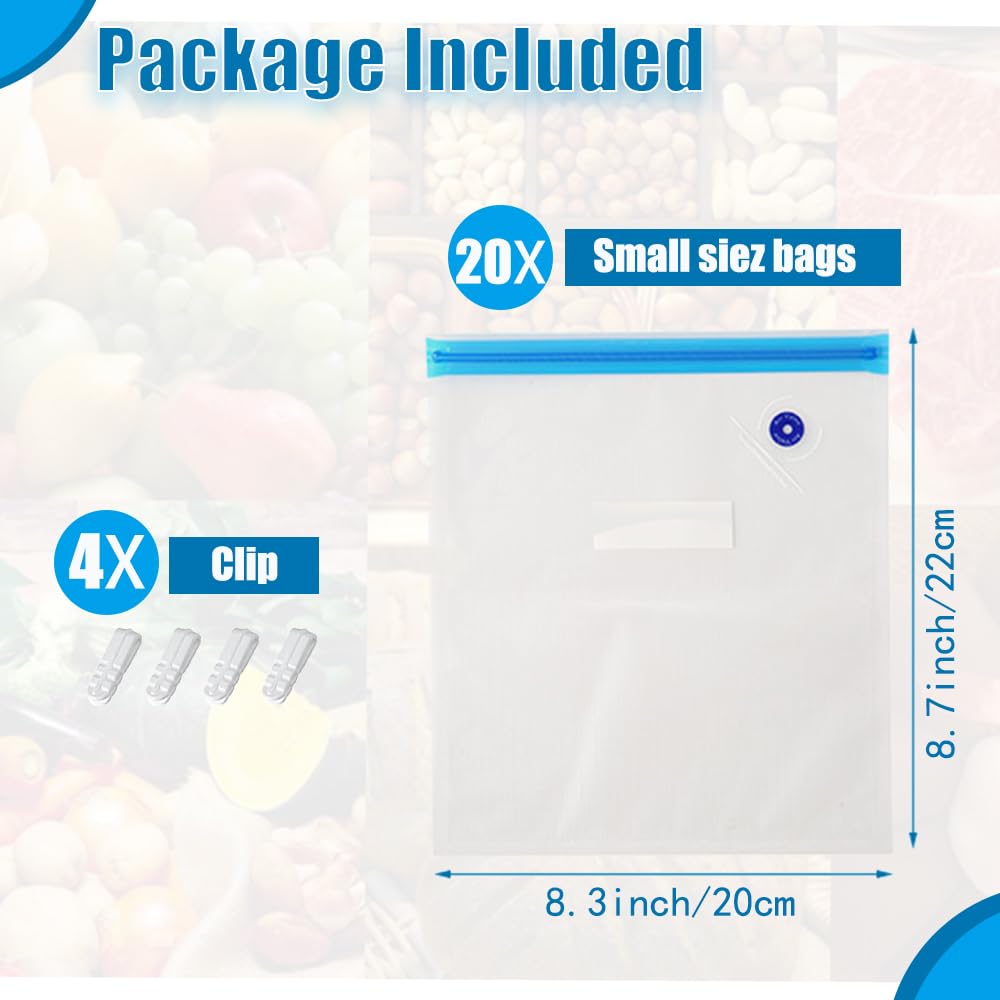 Reusable Sous Vide Bags 20-Pack - 8.3x8.7in (21x22cm) Small Vacuum Sealer Bags BPA Free with 4 Sealing Clips | Perfect for Food Storage, Meal Prep & Anova/Joule Sous Vide Cookers | Great for Camping, Picnics & Sous Vide Cooking at Home