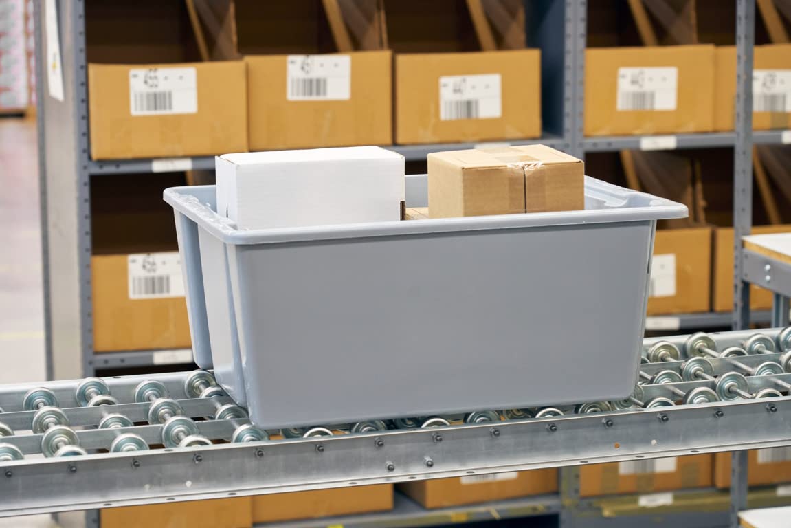 Rubbermaid Commercial 1.6 Cu Ft Gray Storage Tote Box - Heavy Duty Shipping Container for Home Organization, Warehouse & Distribution Centers - Perfect for Moving, Office Supplies Storage & Industrial Use