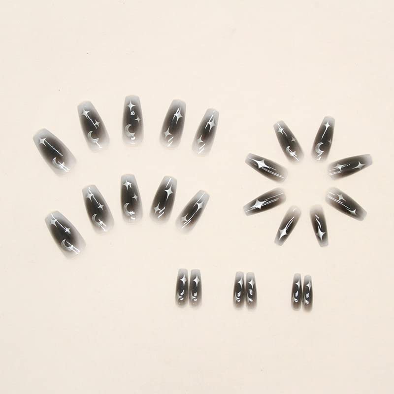 24PCS Grey Black Press on Nails Medium Length - Glossy White Silver False Nails with Star Moon Blush Designs - Full Cover Glue on Artificial Acrylic Fingernails for Women & Girls - Perfect for Parties, Weddings, and Daily Wear