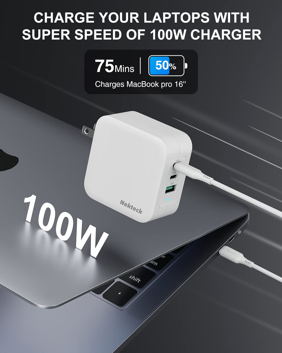 Nekteck 100W GaN USB C Fast Charger with PD 3.0 & QC 3.0 - 3-Port Compact Foldable Wall Charger for iPhone 15/14/13, MacBook Pro/Air, Google PixelBook, Lenovo ThinkPad, Samsung Galaxy S22/S21/S20 - Perfect for Travel, Office & Home Use