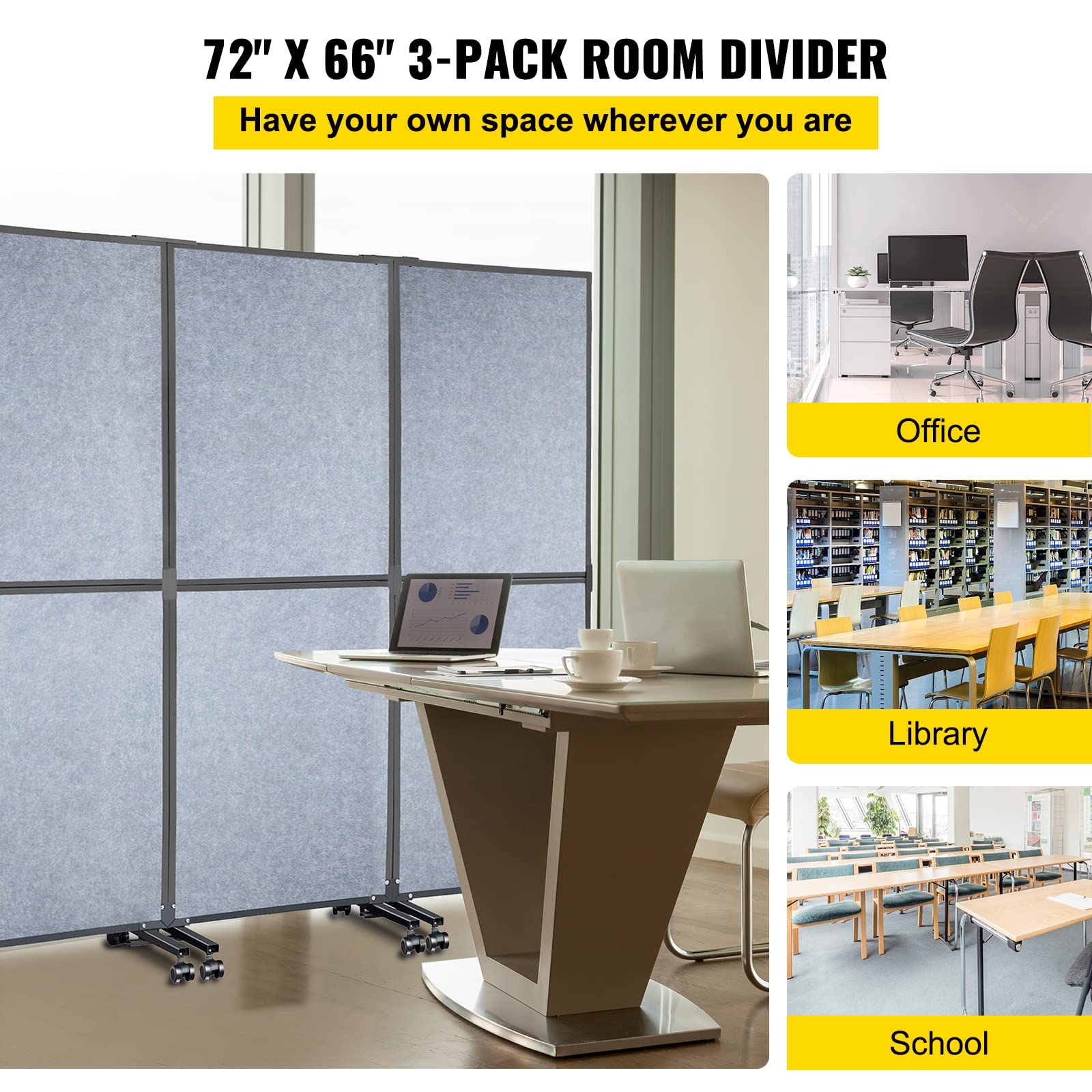 VEVOR 5.5 ft Folding Room Divider Privacy Screen - 3 Panel Portable Partition Wall for Office, Library, School - Light Gray Acoustic Space Separator | Perfect for Home Offices, Classrooms & Event Spaces