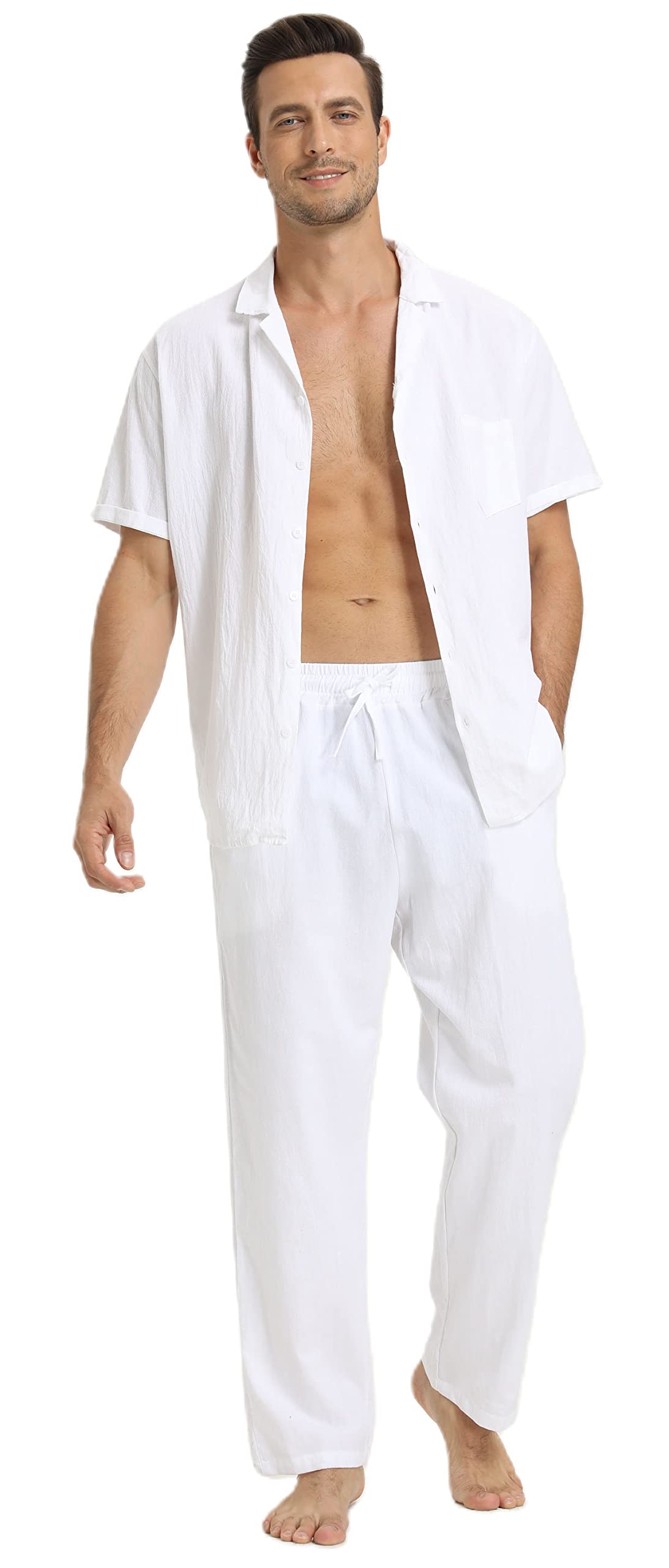 RPOVIG Men's Linen Shirt & Pants Set - 2 Piece Short Sleeve Linen Outfit for Yoga, Beach, Wedding | Breathable Summer Casual Wear for Men
