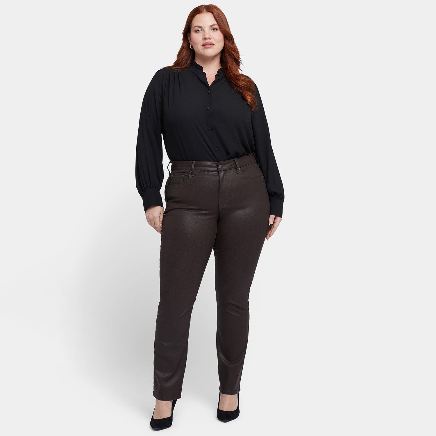 Plus Size Coated Marilyn Straight Jeans in Coffee Bean - High Waist Stretch Denim Pants for Women | Perfect for Casual Wear, Office & Date Night Outfits