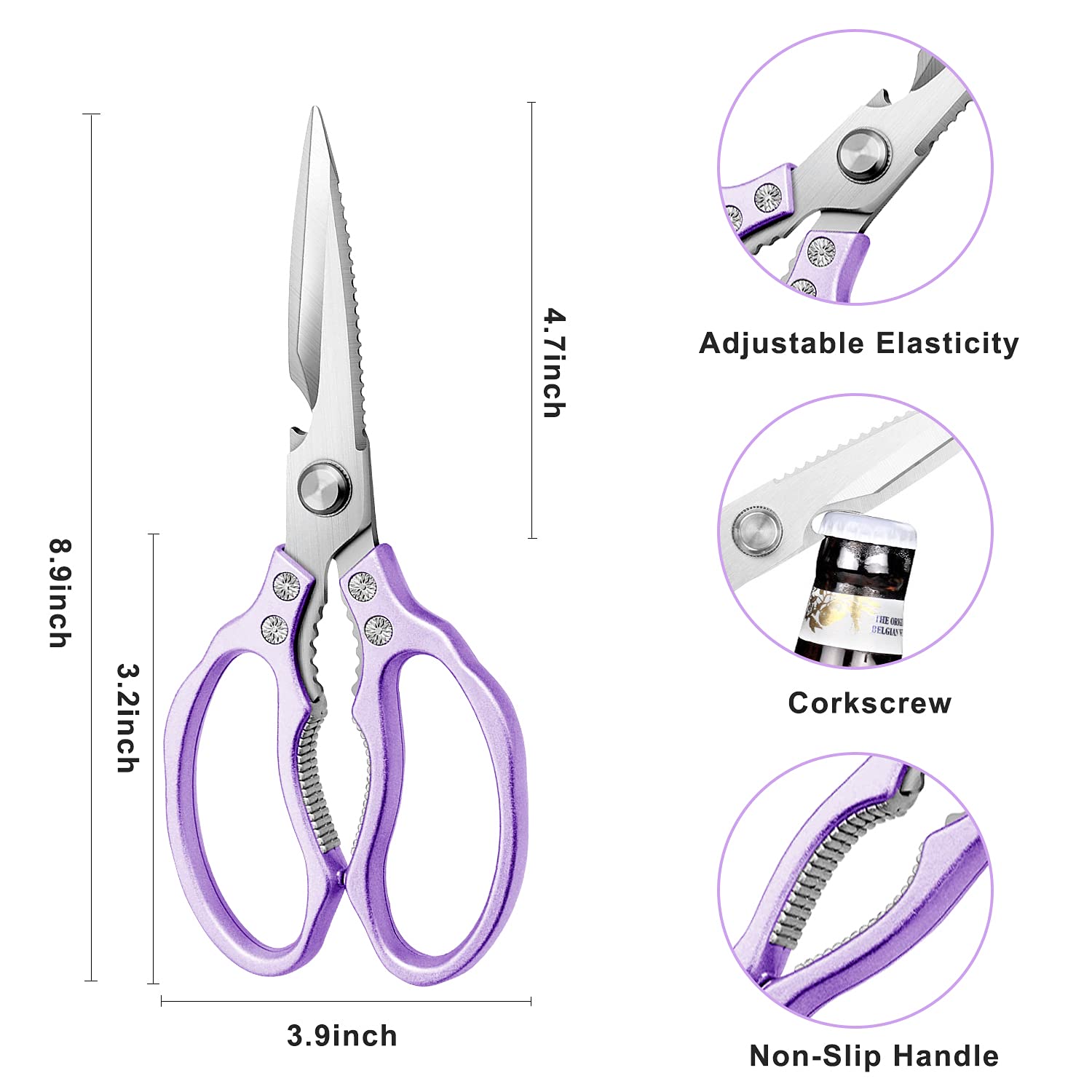 Heavy Duty Kitchen Scissors - Ultra Sharp Stainless Steel Cooking Shears for Meat, Chicken, Fish, Poultry, Herbs & Bread - Dishwasher Safe Kitchen Accessories (Purple) - Perfect for Food Prep, Butchering & Crafting