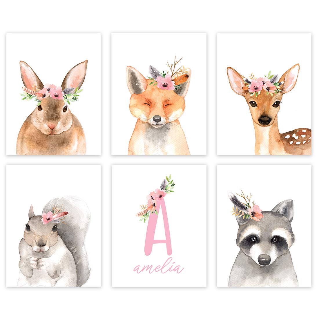 Personalized Nursery Wall Art for Girls - Rustic Forest Floral Animal Theme (6-Pack Unframed 8.5x11
