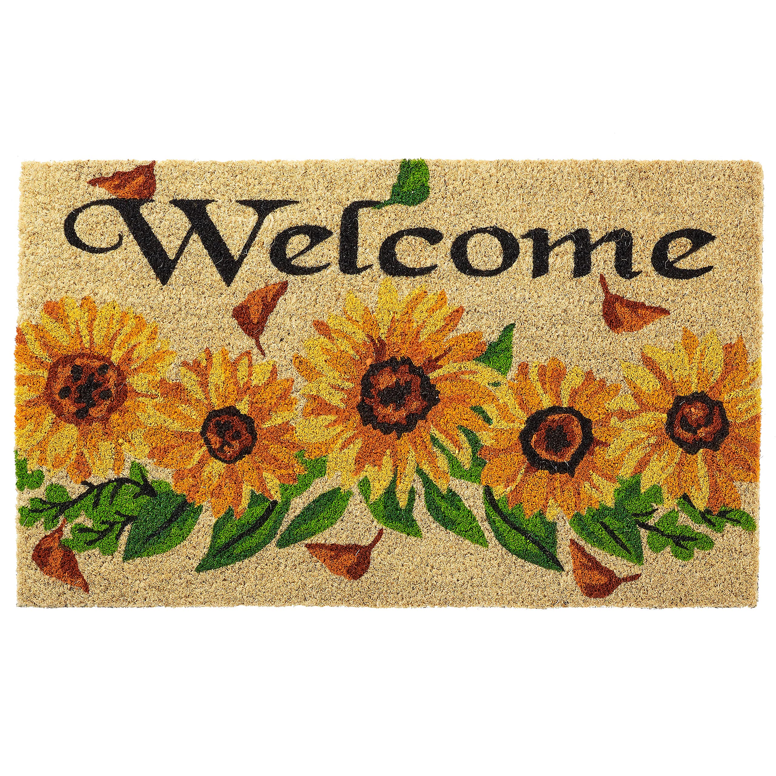 HF by LT Welcome Sunflower 100% Coir Doormat - 18 x 30 Inches Eco-Friendly Natural Coconut Fiber Doormat with PVC Backing - Perfect for Front Door, Porch, Patio & Entryway Decor