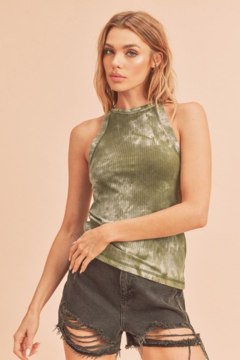 Aemi + Co Women's Ribbed Tie Dye Round Neck Tank Top - Soft Stretchy Summer Casual Top for Beach, Yoga & Everyday Wear