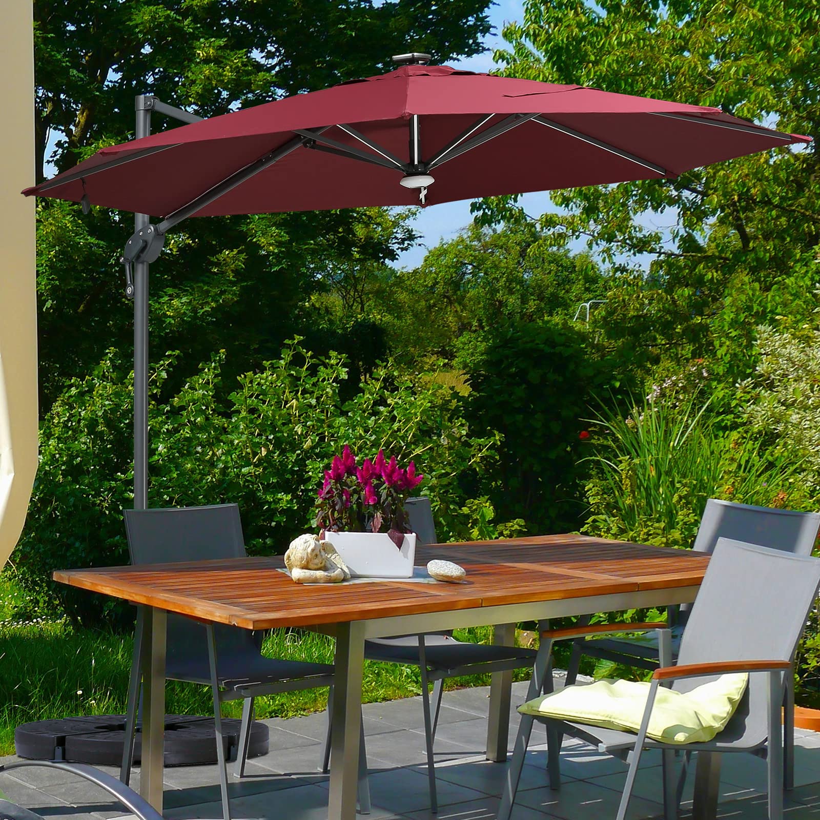Outsunny 10ft Solar LED Cantilever Patio Umbrella - Aluminum Hanging Offset Outdoor Sun Shade with 360° Rotation, Built-in Lights, Adjustable Tilt & Crank, Heavy-Duty Cross Base - Perfect for Poolside, Backyard, Deck, and Garden Relaxation