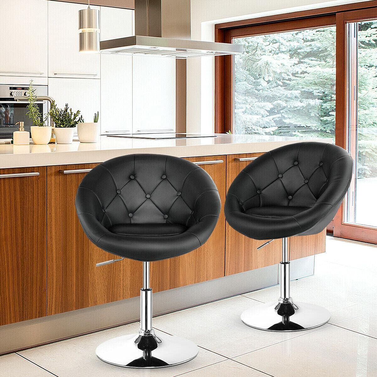 2 PCS Adjustable Height Swivel Bar Stools with Round Tufted Back - Black Kitchen Counter Stools for Home, Bar & Dining Room | Modern Bar Height Stools Set for Kitchen Island, Breakfast Nook & Entertainment Areas