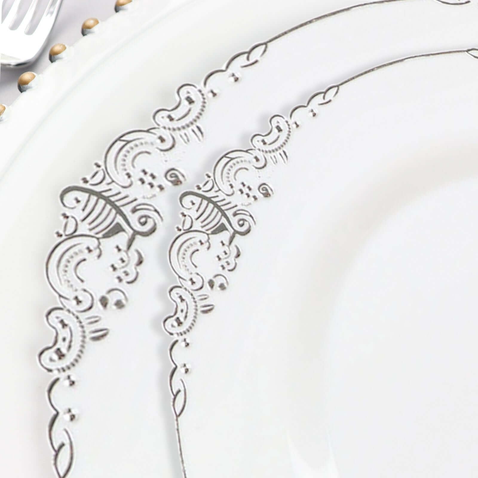 Efavormart 10 Pack White Silver Baroque 8 Inch Round Plastic Dessert Salad Plates - Disposable Elegant Tableware with Leaf Embossed Gold Rim for Parties, Weddings, and Special Events
