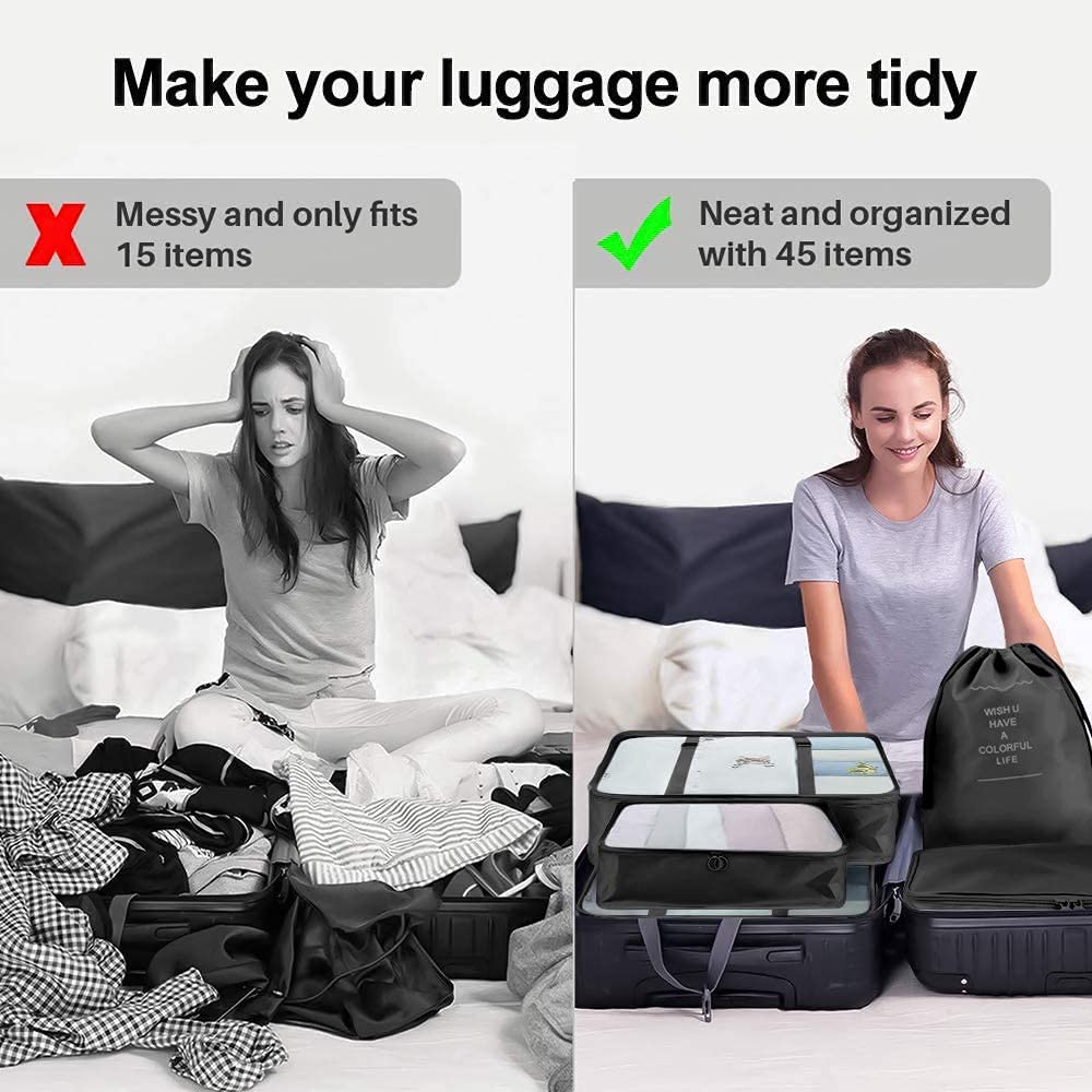9-Piece Waterproof Packing Cubes Set - Travel Luggage Organizer for Clothes, Shoes, Cosmetics & Toiletries | Black Storage Bags for Suitcase | Perfect for Business Trips, Vacations & Weekend Getaways