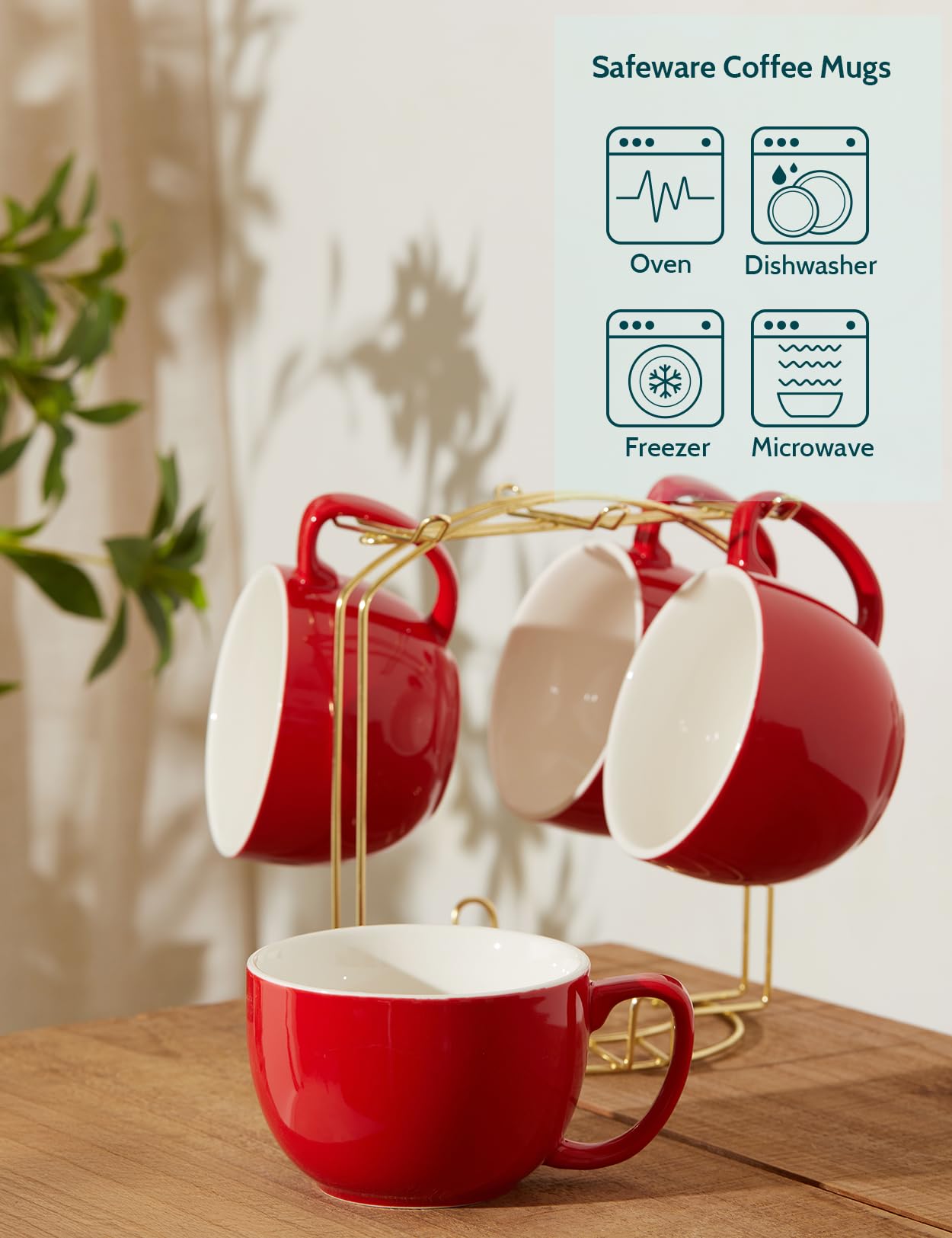 Teocera 16 oz Red Ceramic Coffee Mugs Set of 4 - Large Porcelain Mugs with Handle for Hot & Cold Drinks - Perfect for Coffee, Tea, Cocoa, Latte, Milk & Cereal - Durable Modern Design for Home, Office & Restaurant Use