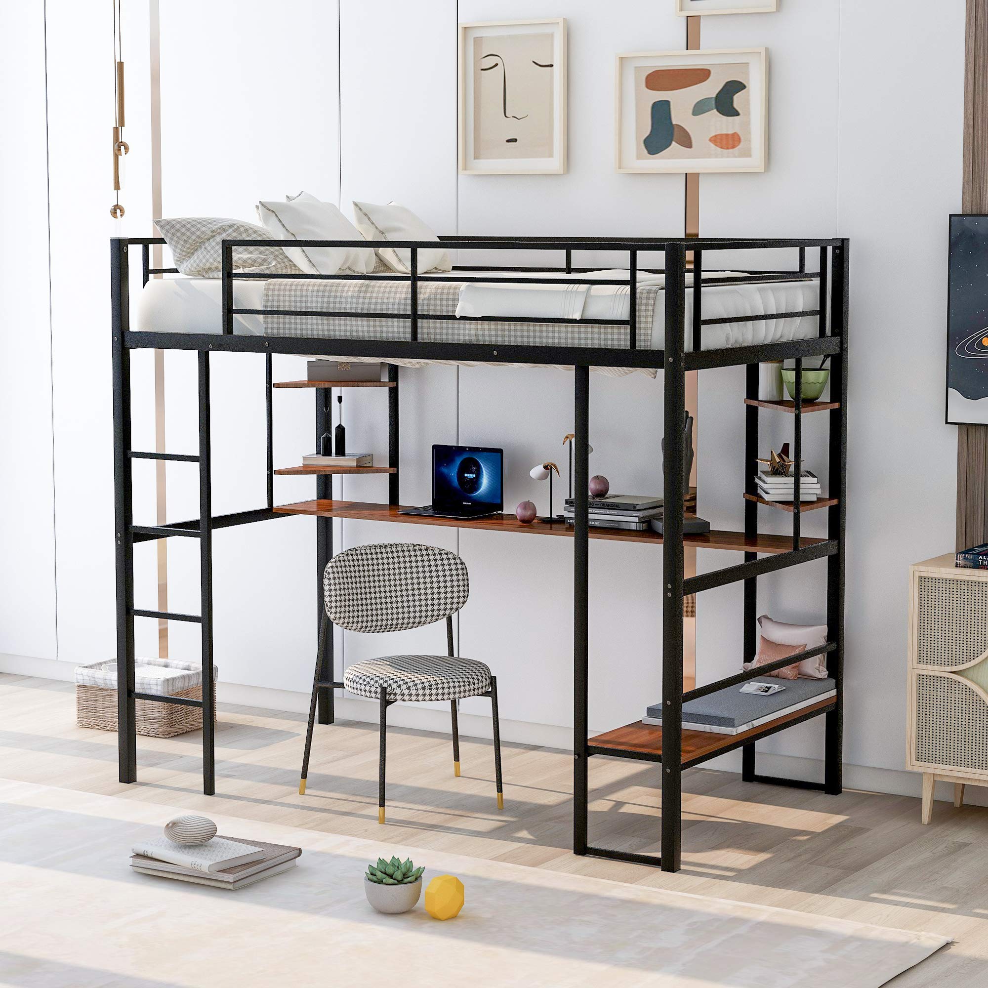 LXBB Twin Size Metal Loft Bed with Long Desk & Storage Shelves - Heavy Duty Steel Bed Frame with Full-Length Guardrail & Ladder for Kids, Teens & Adults (Black/MDF Desk) - Perfect for Small Bedrooms, Dorms & Studio Apartments