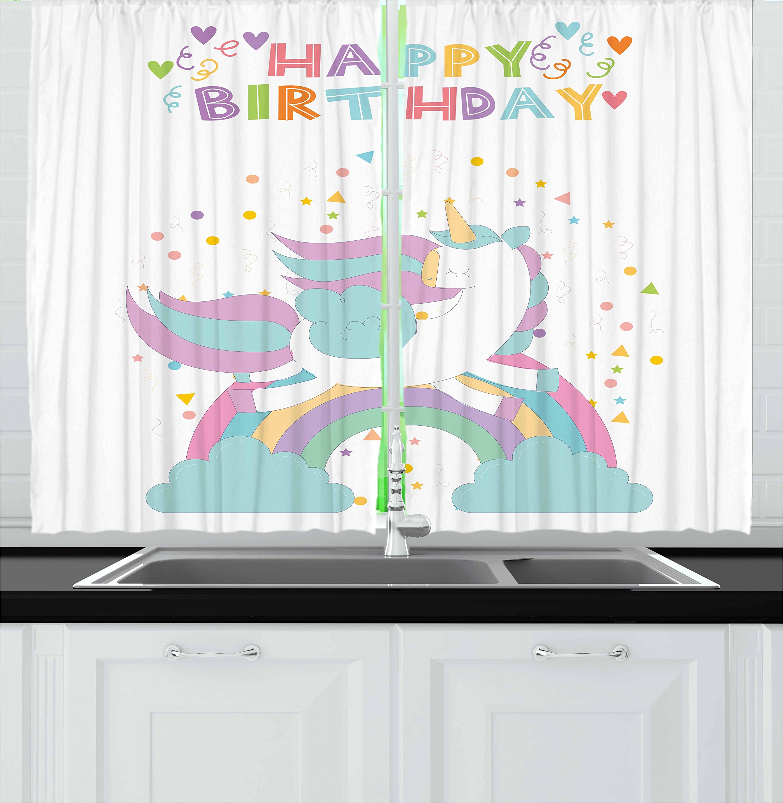 Ambesonne Unicorn Party Kitchen Curtains - 2 Panel Set with Mythical Horse Jumping Over Rainbow Design, 55