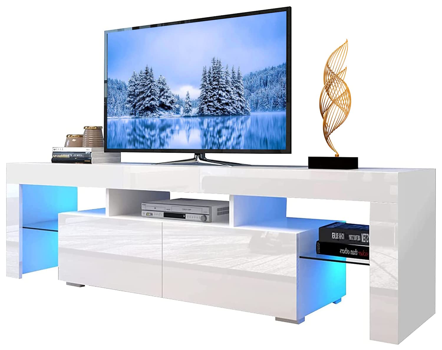 65 Inch Glossy Black LED TV Stand with Storage Drawers & Ambient Lighting - Modern Media Console Entertainment Center for Living Room, Bedroom & Home Theater Setup